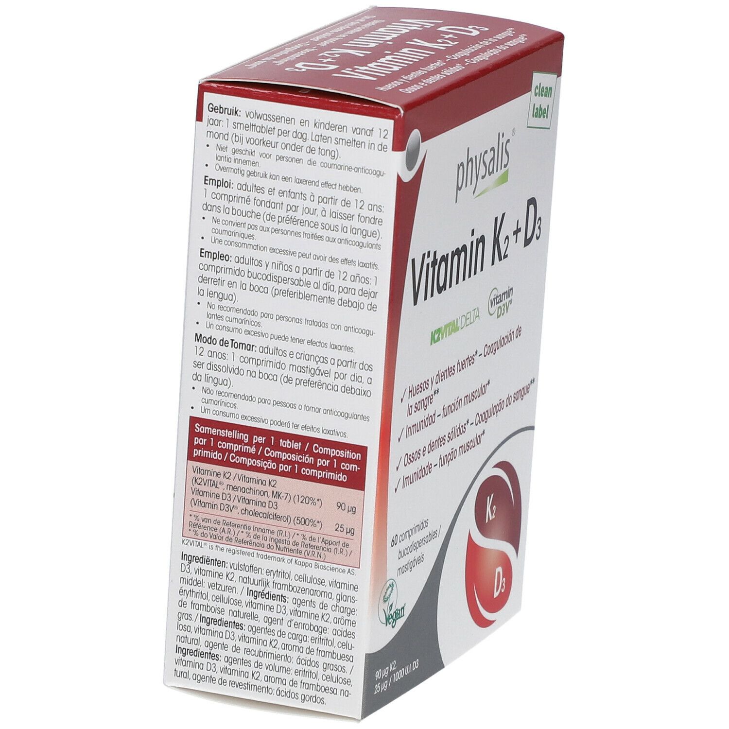 Schachtel PHYSALIS Vitamin K2 + D3, schräg. Aufschrift: Vitamin K2 + D3. 60 Tabletten. Vegan-Siegel. K2 und D3-Symbole.