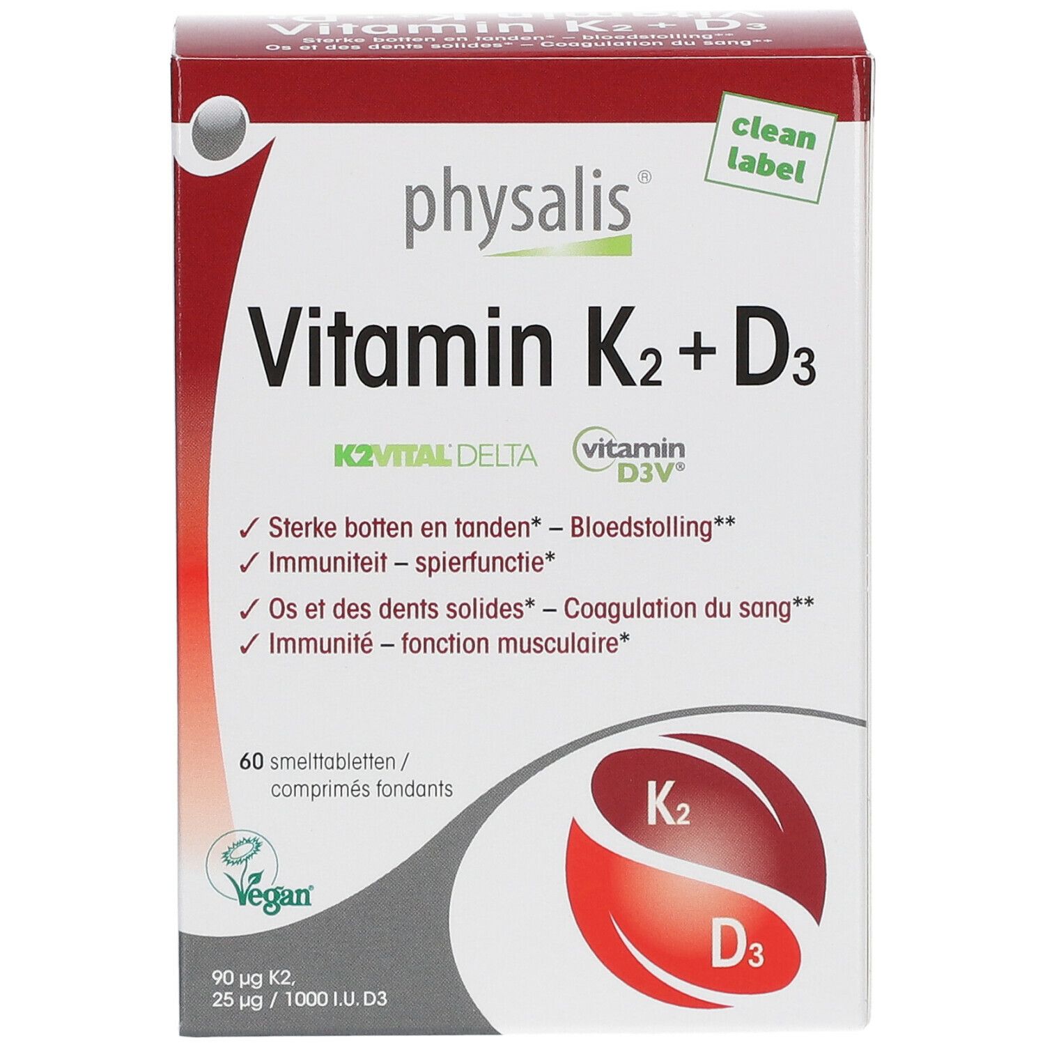 Schachtel PHYSALIS Vitamin K2 + D3. Aufschrift: Vitamin K2 + D3. 60 Tabletten. Vegan-Siegel. K2 und D3-Symbole.