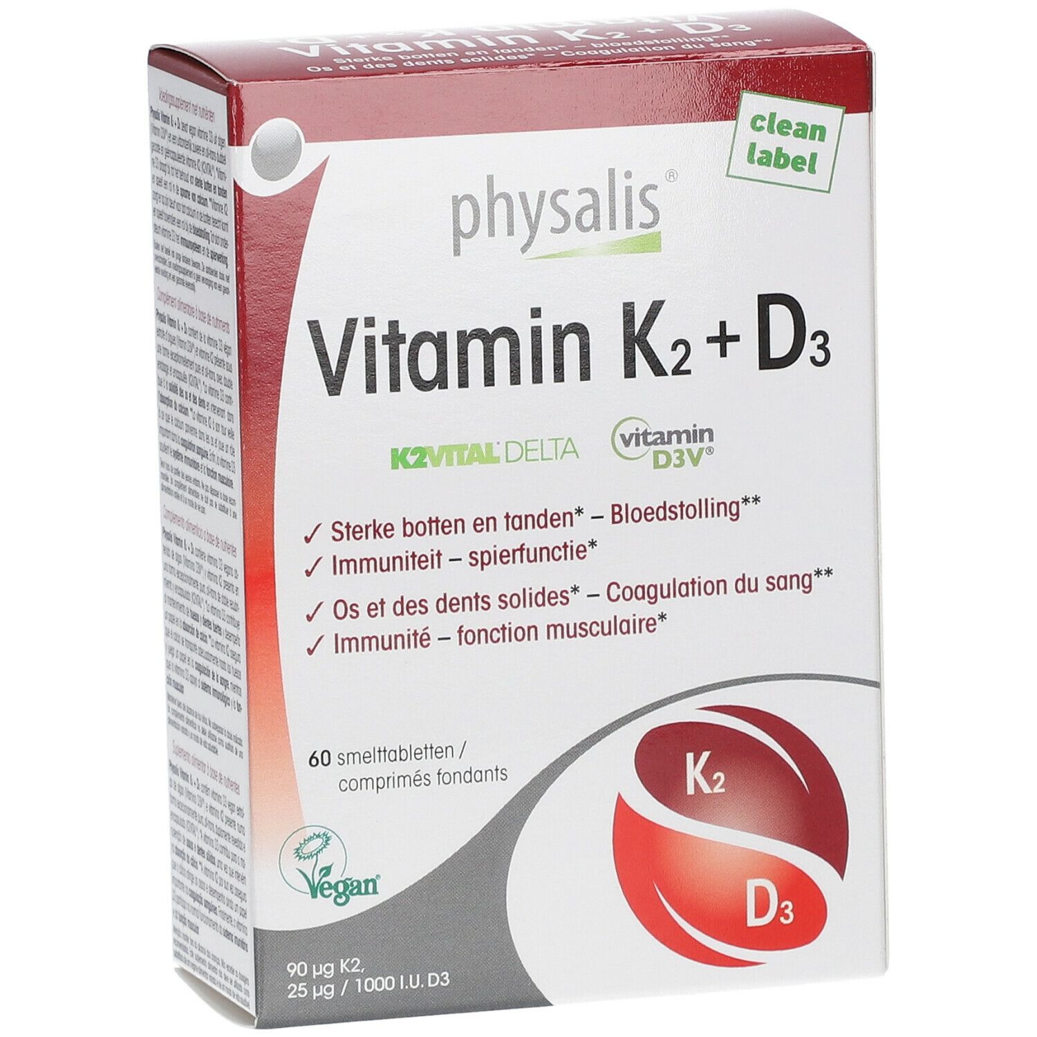 Schachtel PHYSALIS Vitamin K2 + D3. Aufschrift: Vitamin K2 + D3. 60 Tabletten. Vegan-Siegel. K2 und D3-Symbole.