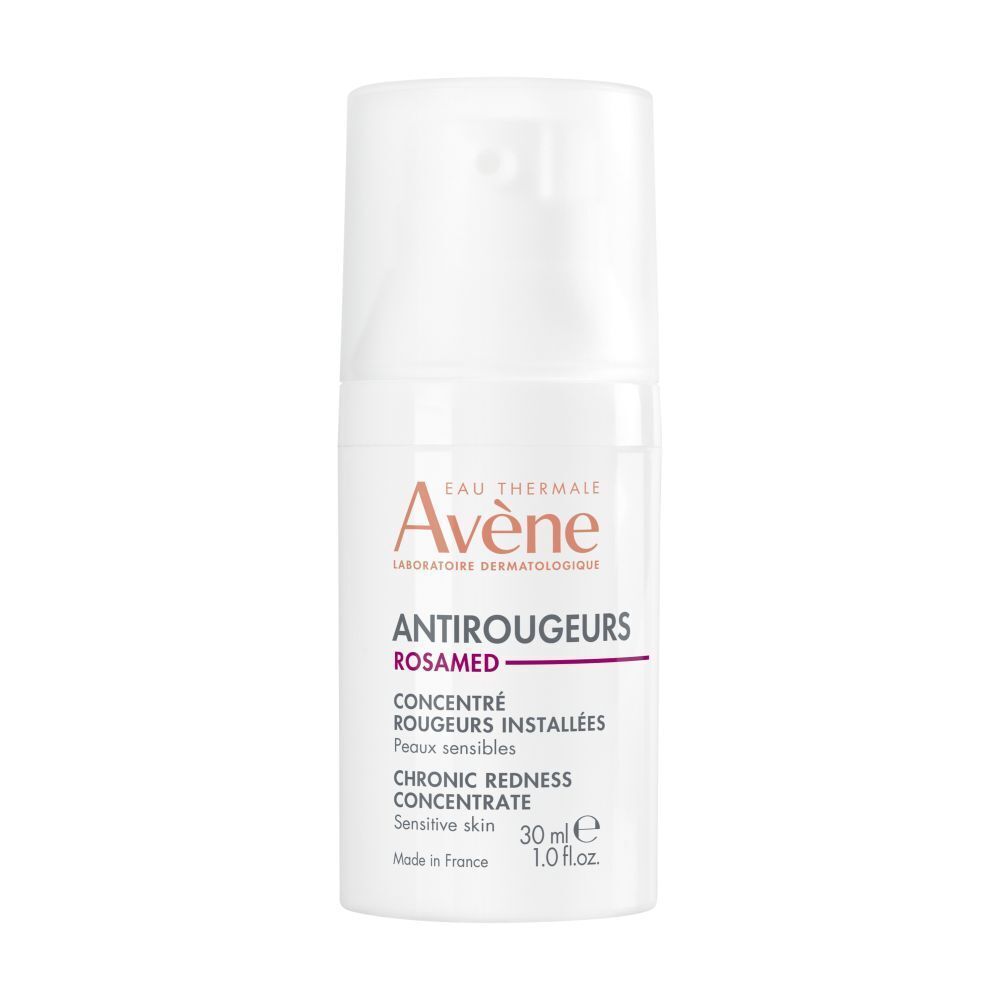 Flacon AVENE Antirougeurs Rosamed. Flacon blanc avec bouchon doseur. Texte: 30 ml.