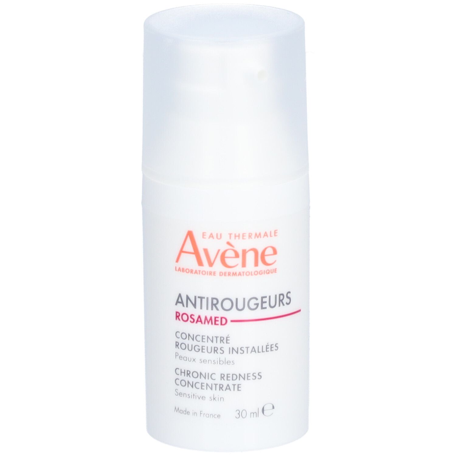 Flacon blanc AVENE Antirougeurs Rosamed. Texte: Concentré, rougeurs installées, peaux sensibles, 30 ml.