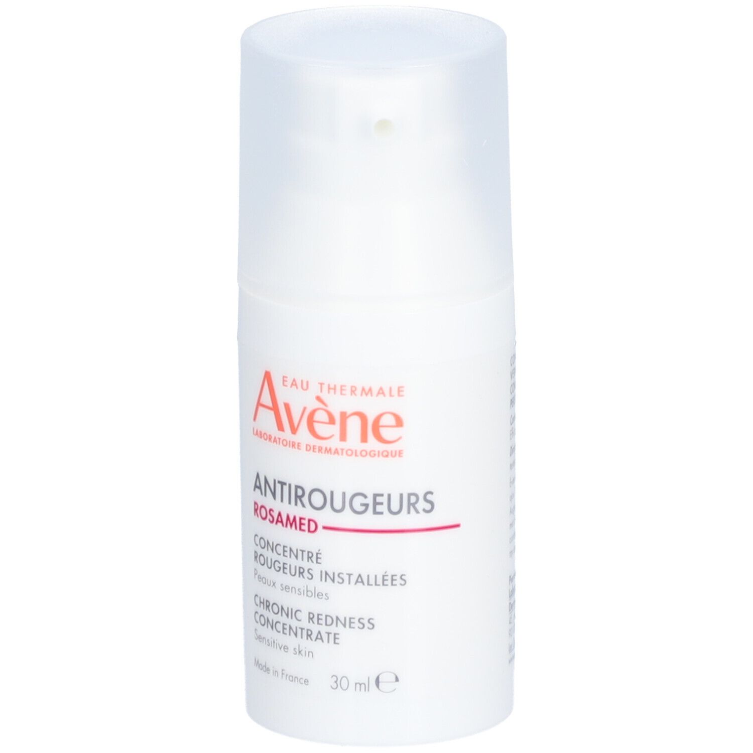 Flacon blanc AVENE Antirougeurs Rosamed. Texte: Concentré, rougeurs installées, peaux sensibles, 30 ml.