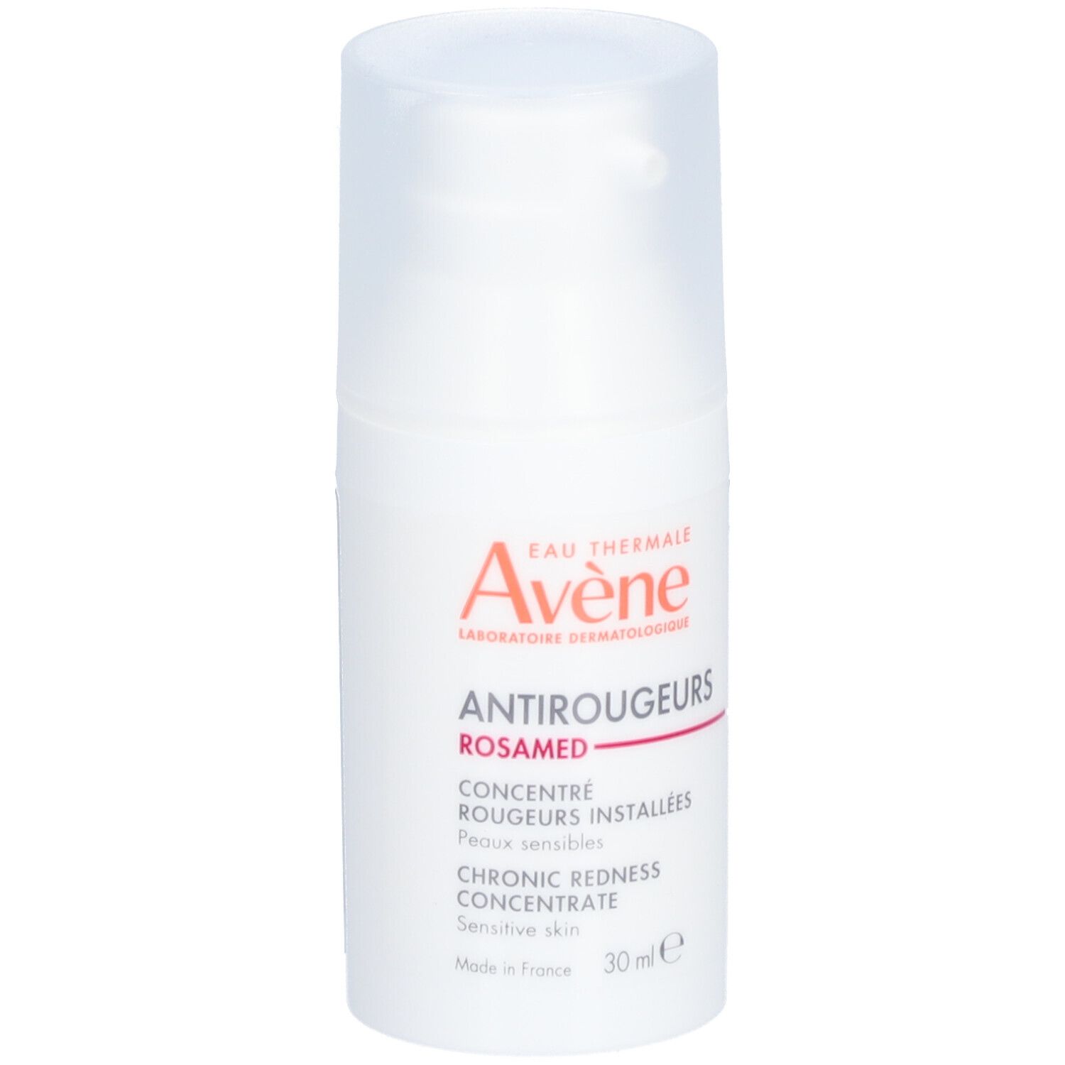 Flacon blanc AVENE Antirougeurs Rosamed. Texte: Concentré, rougeurs installées, peaux sensibles, 30 ml.