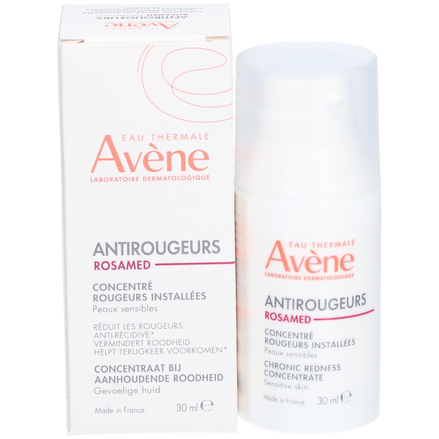 AVENE Antirougeurs Rosamed, flacon et boîte. Flacon blanc et carton. Texte: Antirougeurs Rosamed, 30 ml.