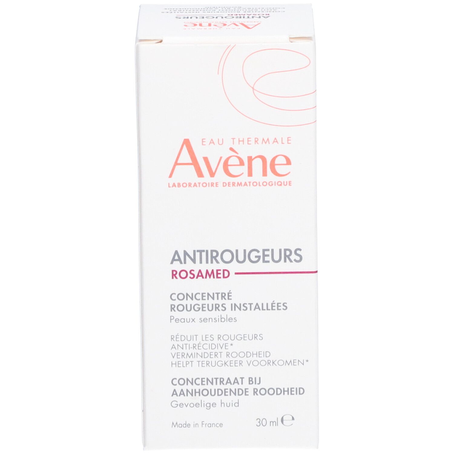 Boîte AVENE Antirougeurs Rosamed. Carton blanc. Texte: Antirougeurs Rosamed, 30 ml.