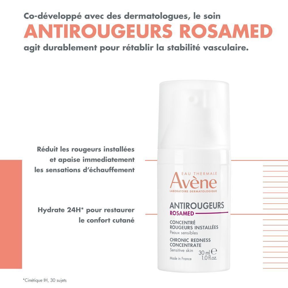 Flacon AVENE Antirougeurs Rosamed. Flacon blanc avec bouchon doseur. Texte: 30 ml.