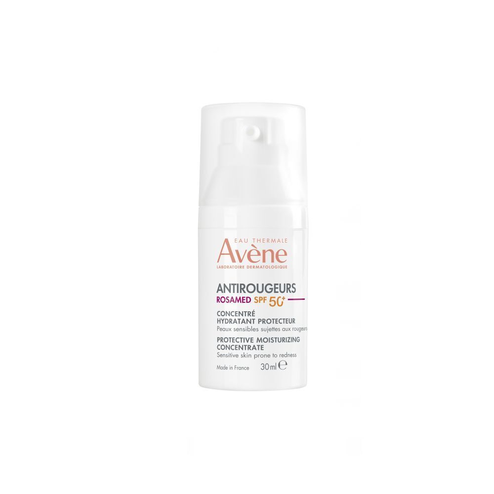 Flacon blanc avec texte Avène Antirougeurs ROSAMED SPF 50+.