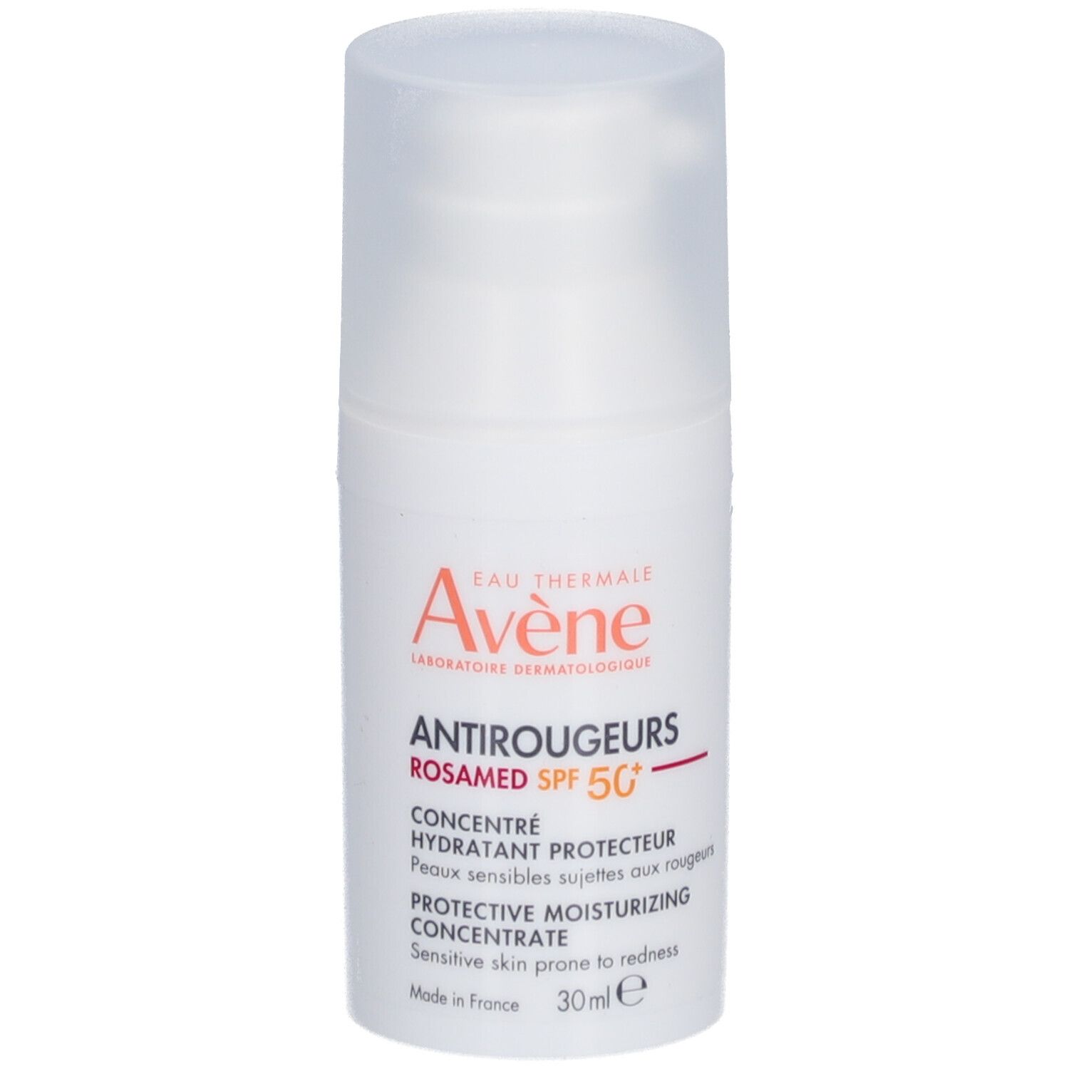 Flacon blanc avec texte Avène Antirougeurs ROSAMED SPF 50+.