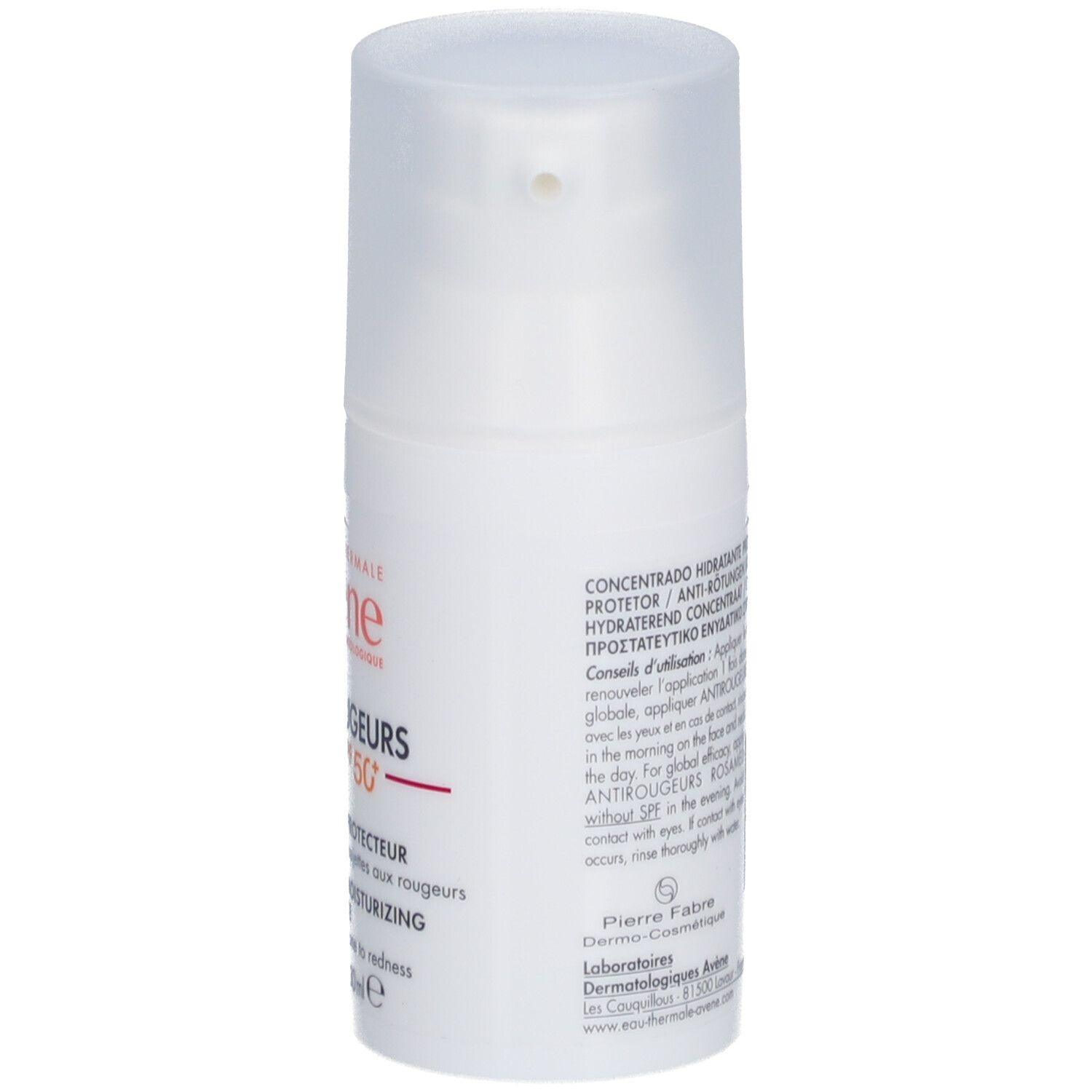 Flacon blanc avec texte Avène Antirougeurs ROSAMED SPF 50+.