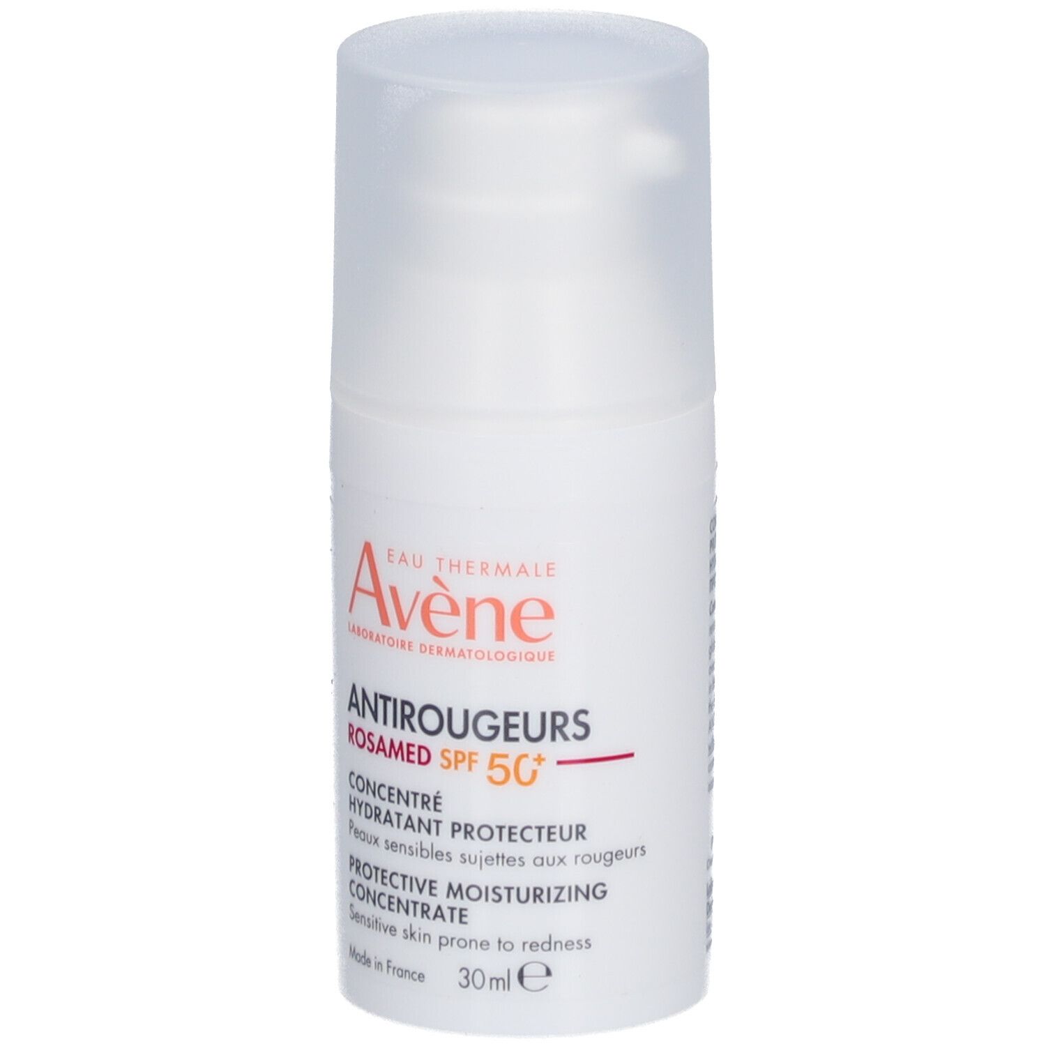 Flacon blanc avec texte Avène Antirougeurs ROSAMED SPF 50+.