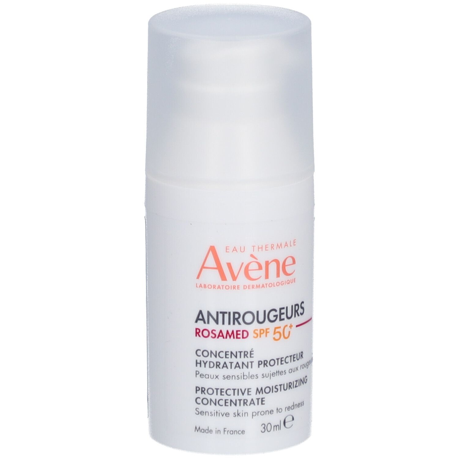 Flacon blanc avec texte Avène Antirougeurs ROSAMED SPF 50+.