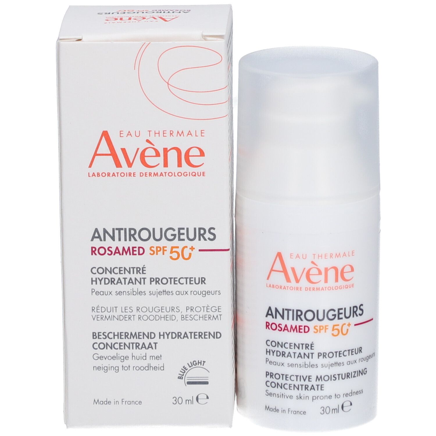 Emballage produit avec flacon et boîte avec texte Avène Antirougeurs.