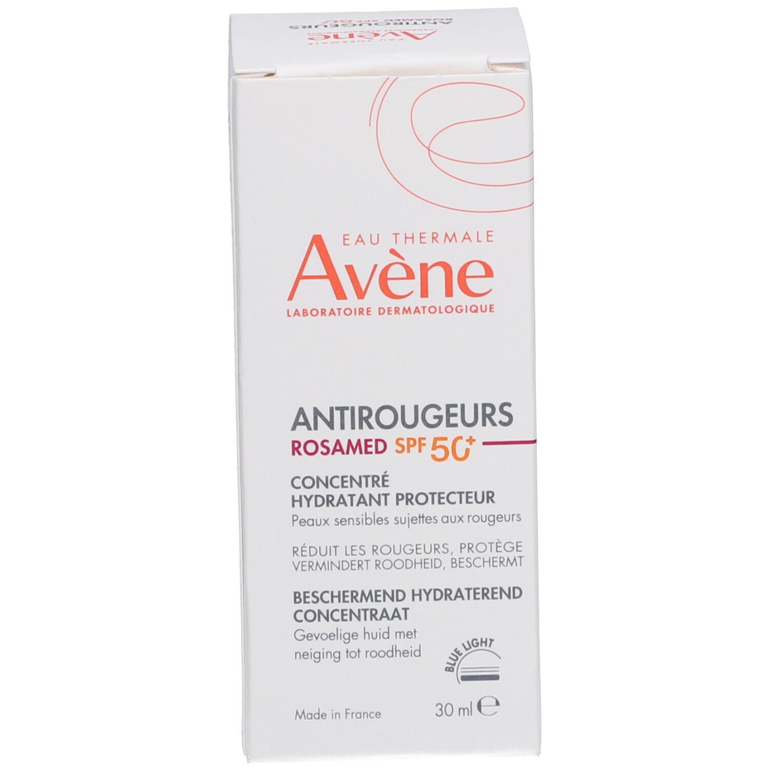 Emballage produit avec boîte avec texte Avène Antirougeurs ROSAMED SPF 50+.