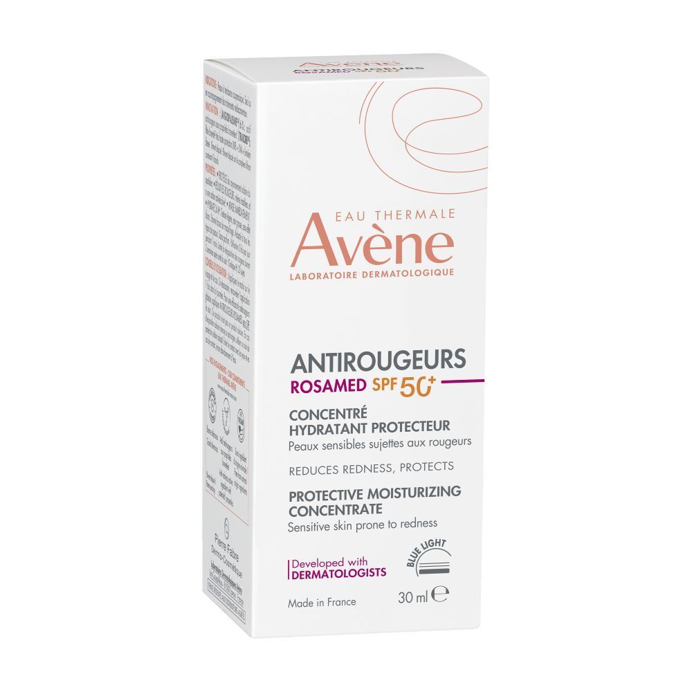 Emballage produit avec boîte avec texte Avène Antirougeurs ROSAMED SPF 50+.