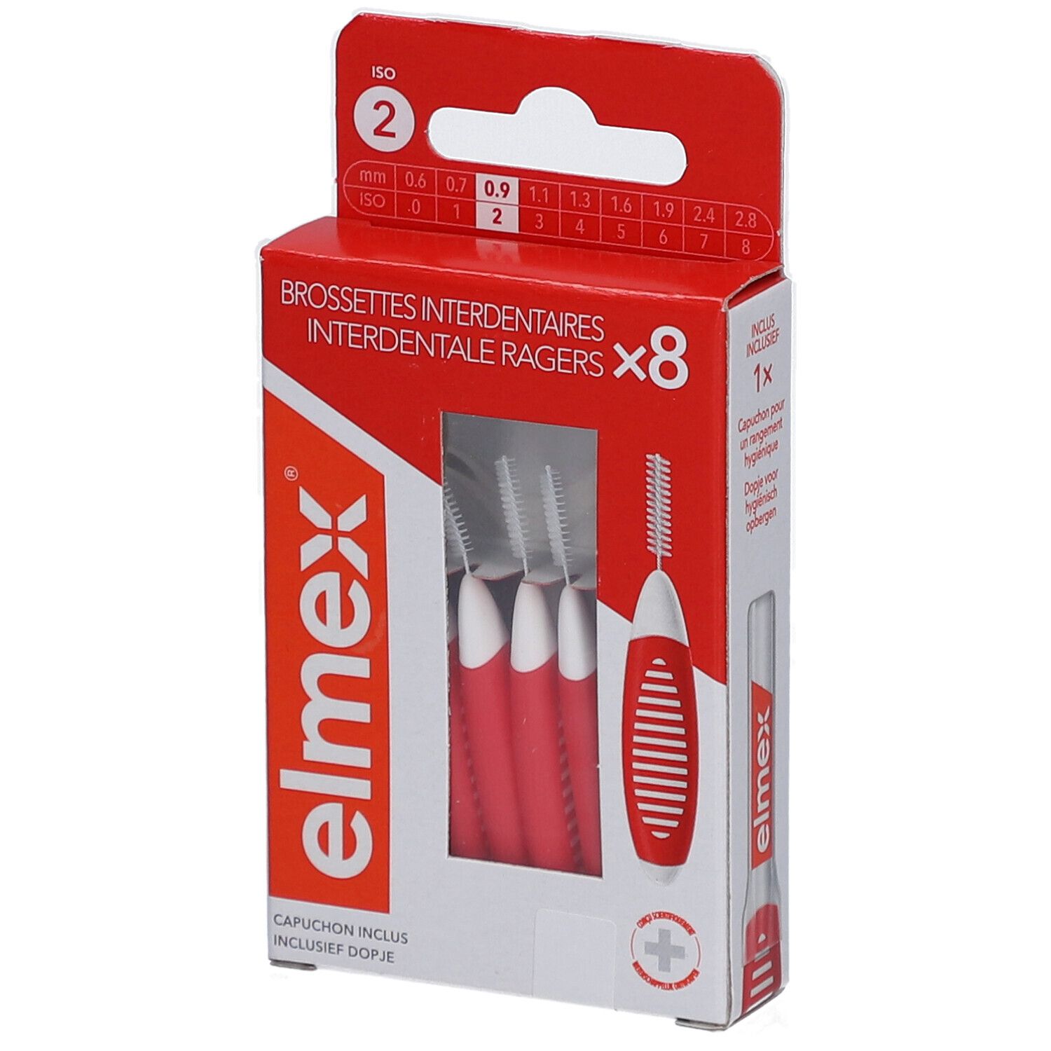 Elmex, brosses interdentaires, taille 2, rouges. Boîte de 8. Manches rouges et blancs. ISO 2, 0,9 mm.