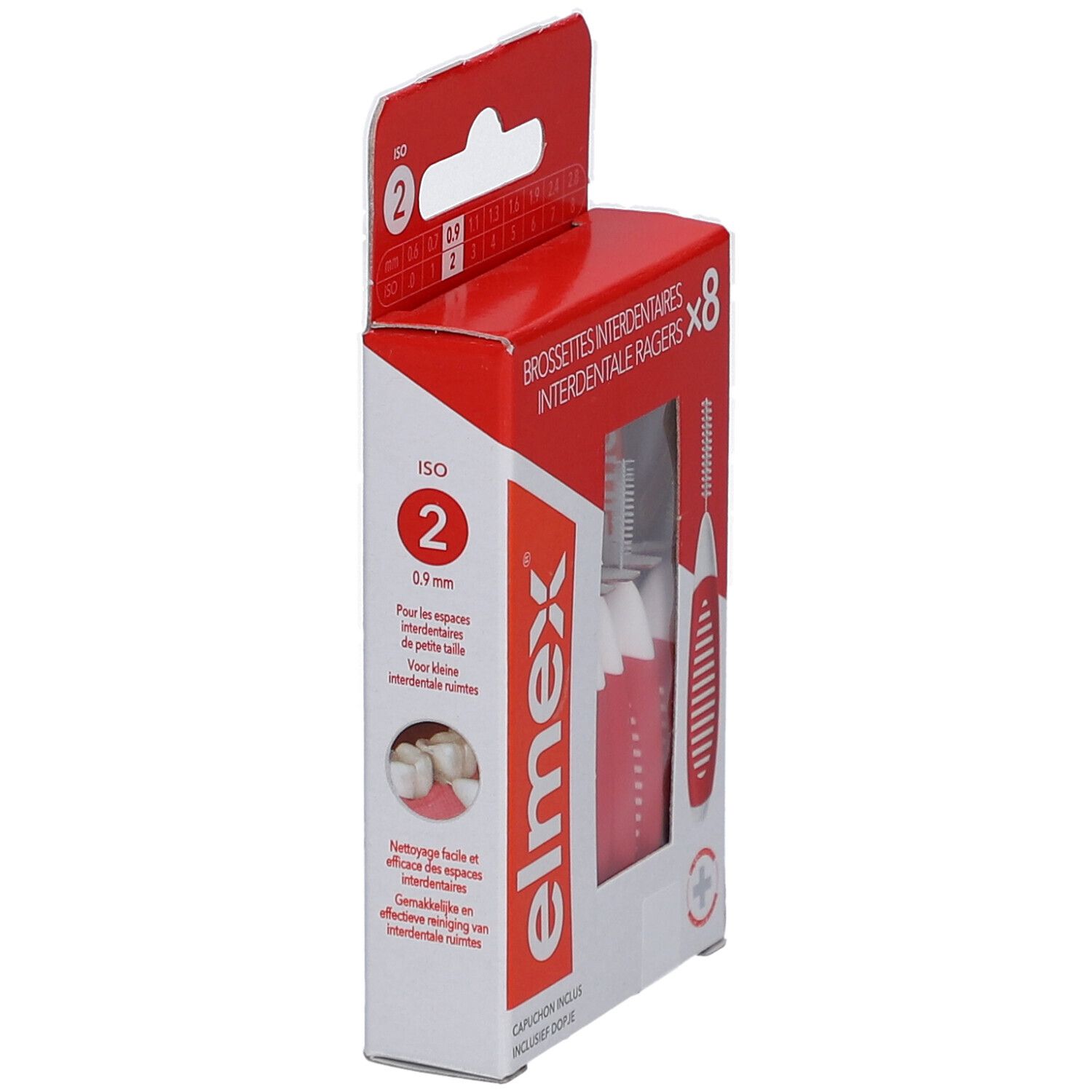 Elmex, brosses interdentaires, taille 2, rouges. Emballage. Manches rouges et blancs. ISO 2, 0,9 mm. Avec capuchon.