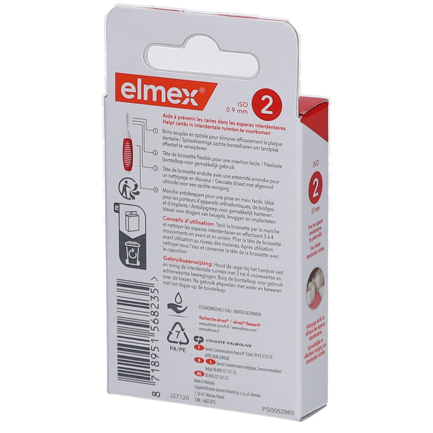Dos de l'emballage des brosses interdentaires Elmex. Informations sur l'utilisation et les ingrédients. ISO 2, 0,9 mm.