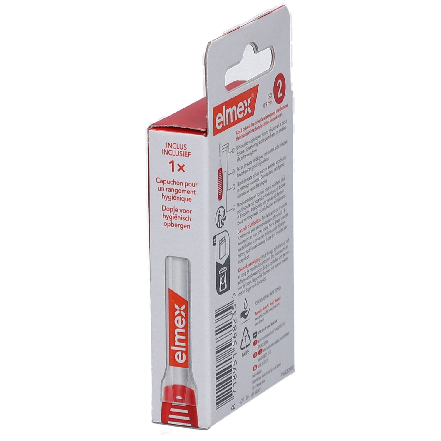 Elmex, brosses interdentaires, taille 2, rouges. Capuchon. Manche rouge. ISO 2, 0,9 mm.
