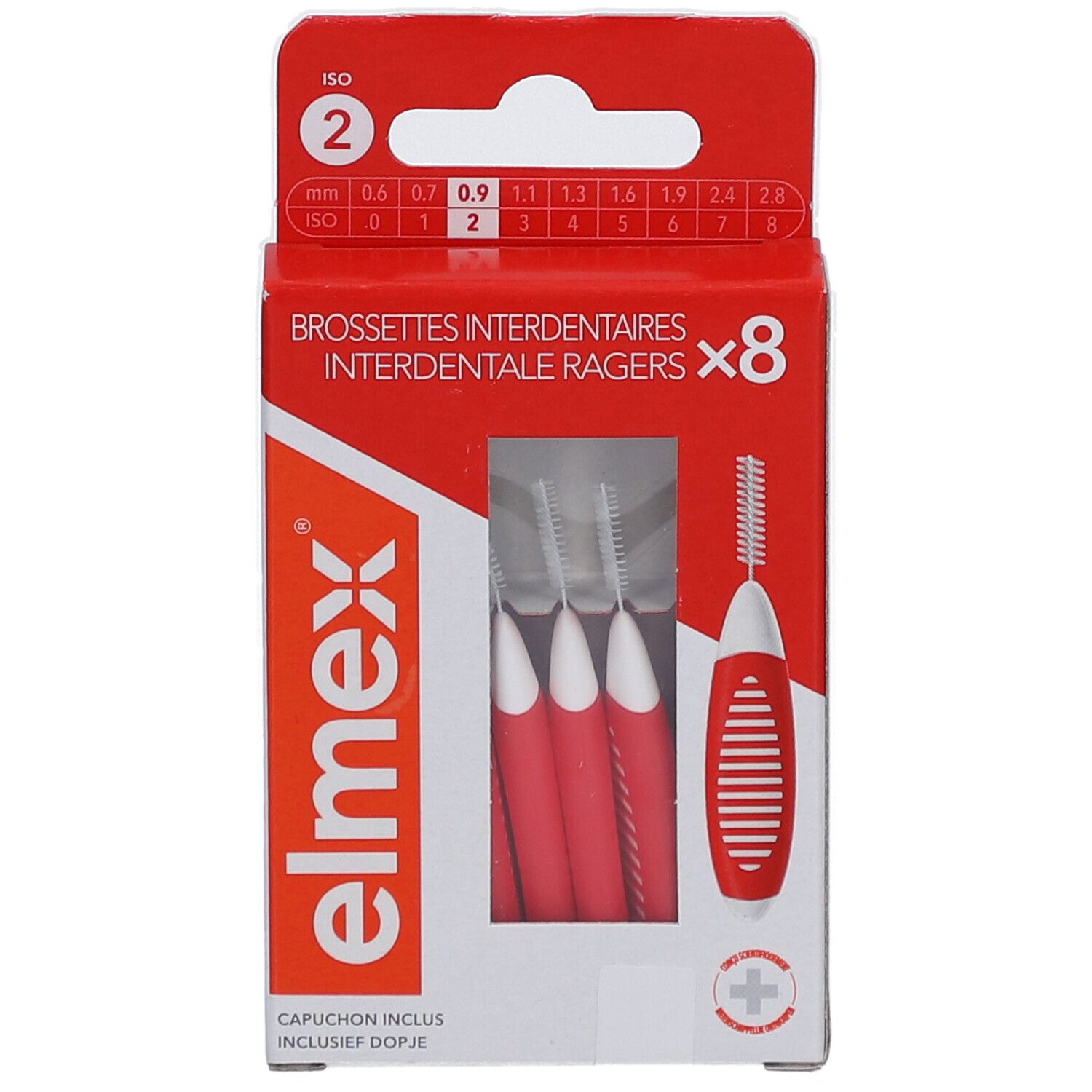 Elmex, brosses interdentaires, taille 2, rouges. Boîte de 8. Manches rouges et blancs. ISO 2, 0,9 mm.