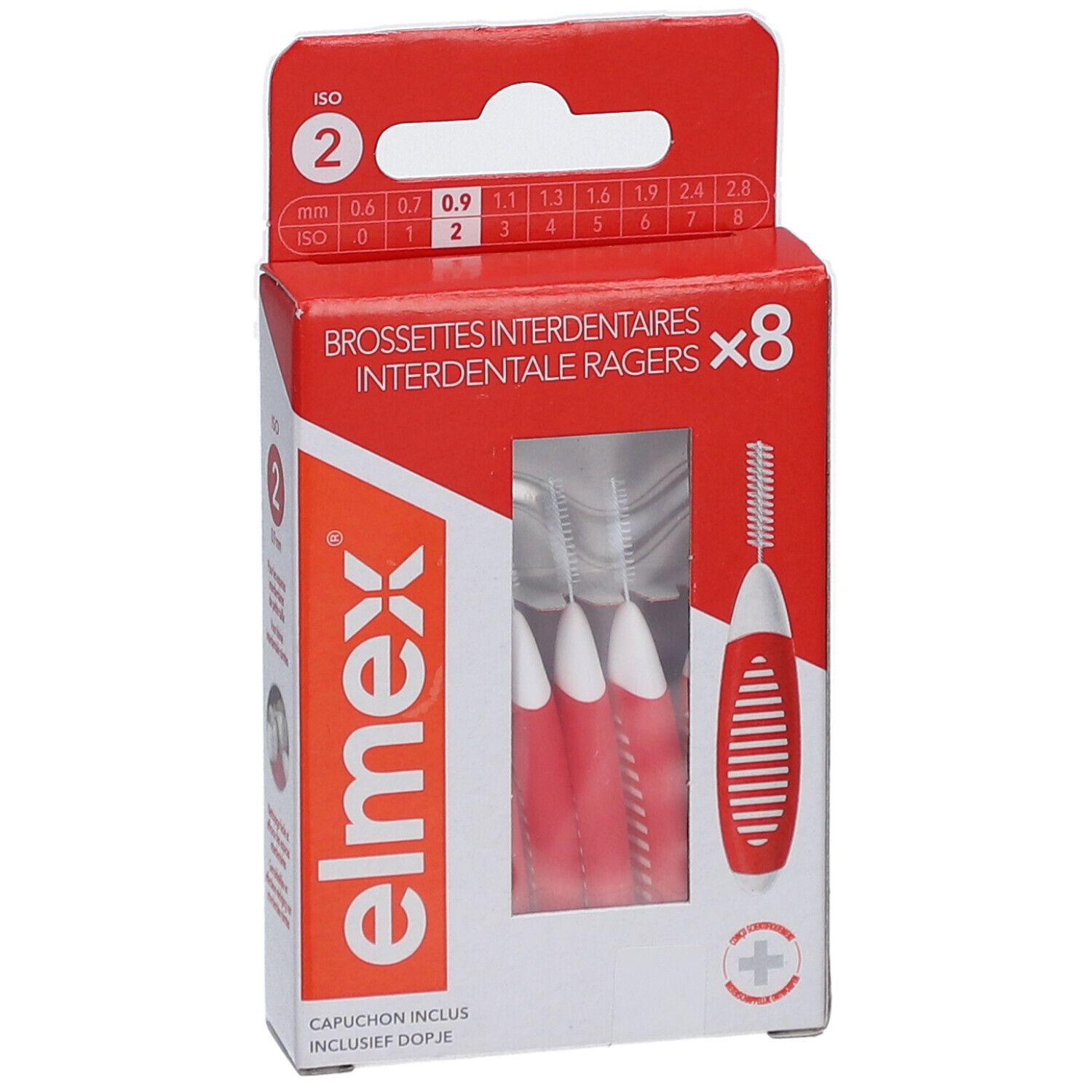 Elmex, brosses interdentaires, taille 2, rouges. Boîte de 8. Manches rouges et blancs. ISO 2, 0,9 mm.