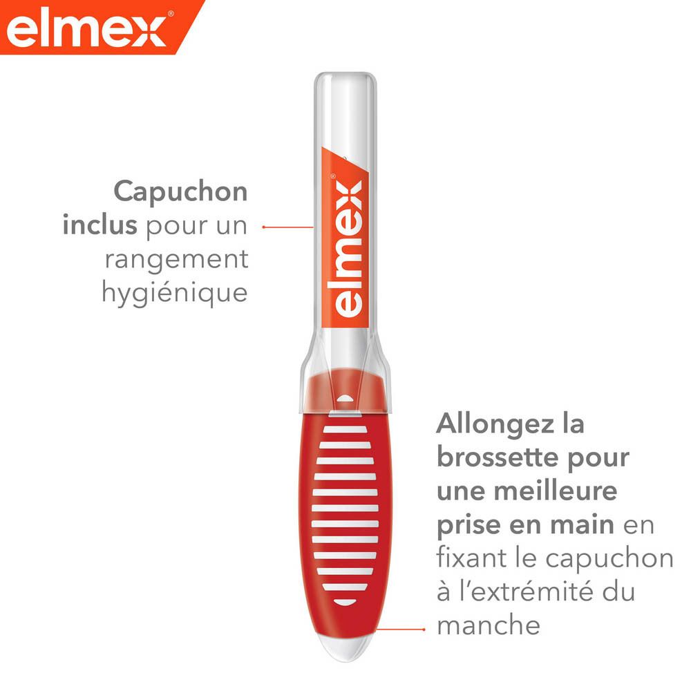 Logo Elmex. Illustration : tête de brosse flexible, brins en spirale. Manche ergonomique.