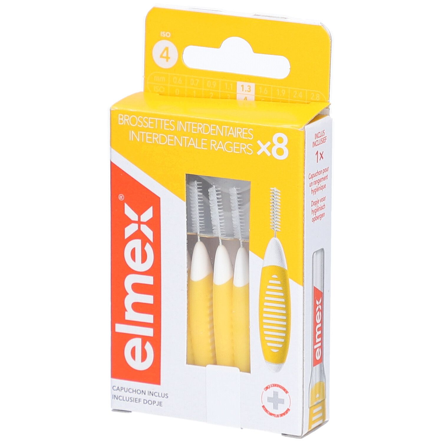 Gelbe Elmex-Zahnzwischenraumbürsten in Verpackung. Enthält 8 Bürsten und eine Kappe. ISO 4, 1,3 mm.