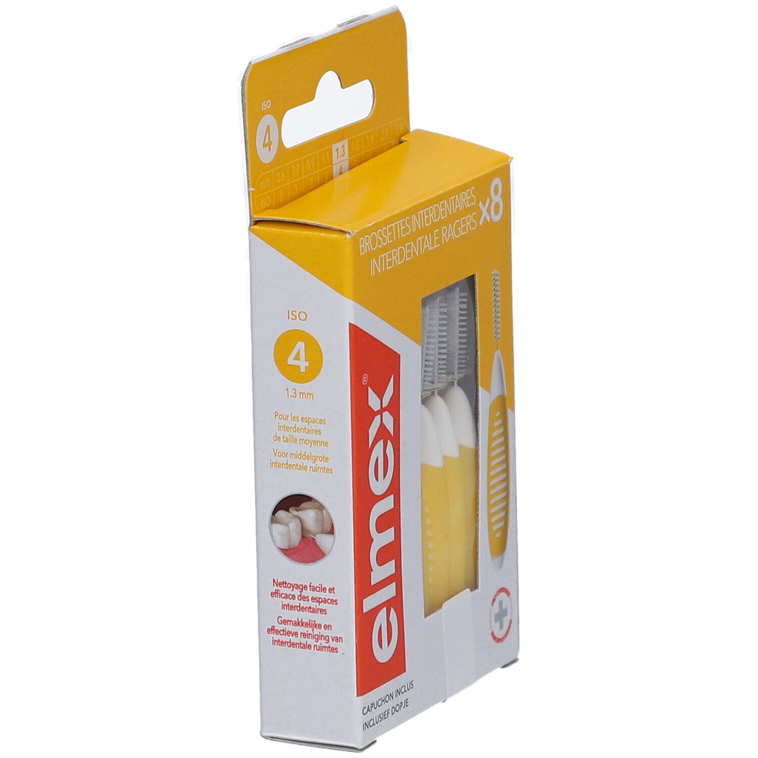 Elmex-Zahnzwischenraumbürsten in gelber Verpackung. ISO 4, 1,3 mm. Enthält 8 Bürsten. Mit Kappe.