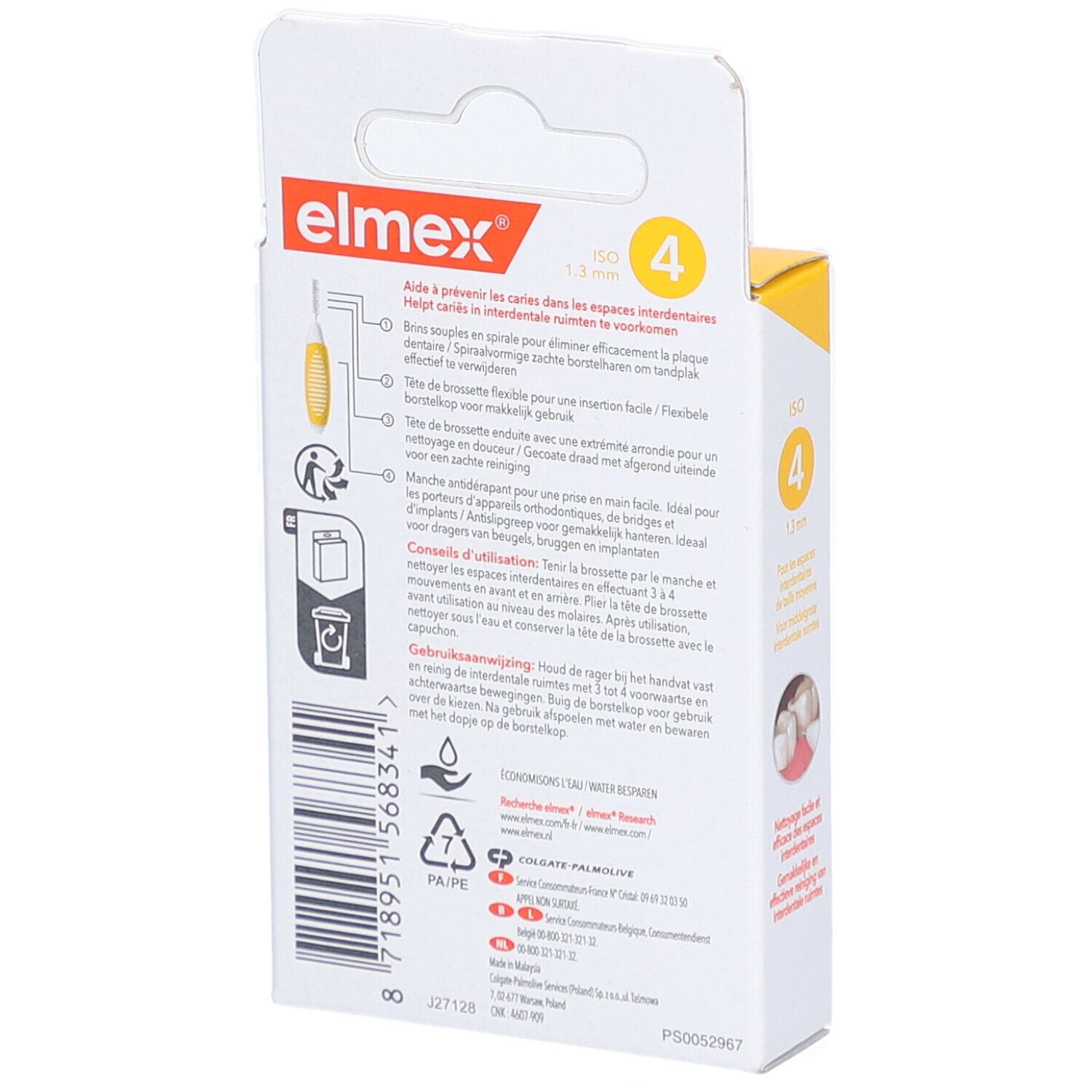 Rückseite der Elmex-Verpackung. Informationen zu den Bürsten. ISO 4, 1,3 mm. Mit Illustrationen.
