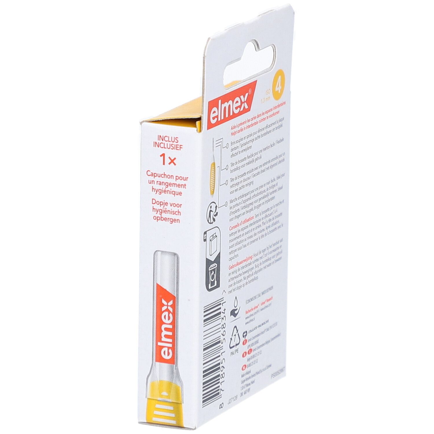 Elmex-Verpackung mit Kappe. Informationen zur Aufbewahrung. Mit Illustrationen.