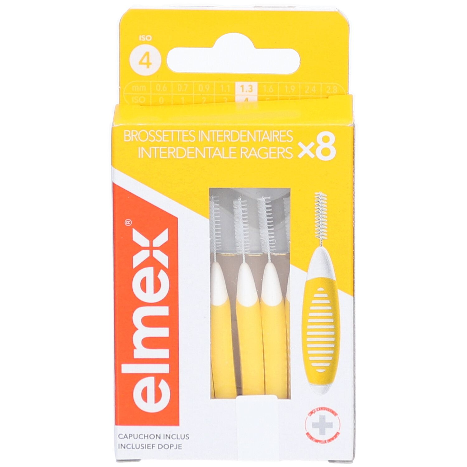 Elmex-Zahnzwischenraumbürsten in gelber Verpackung. Enthält 8 Bürsten und eine Kappe. ISO 4, 1,3 mm.