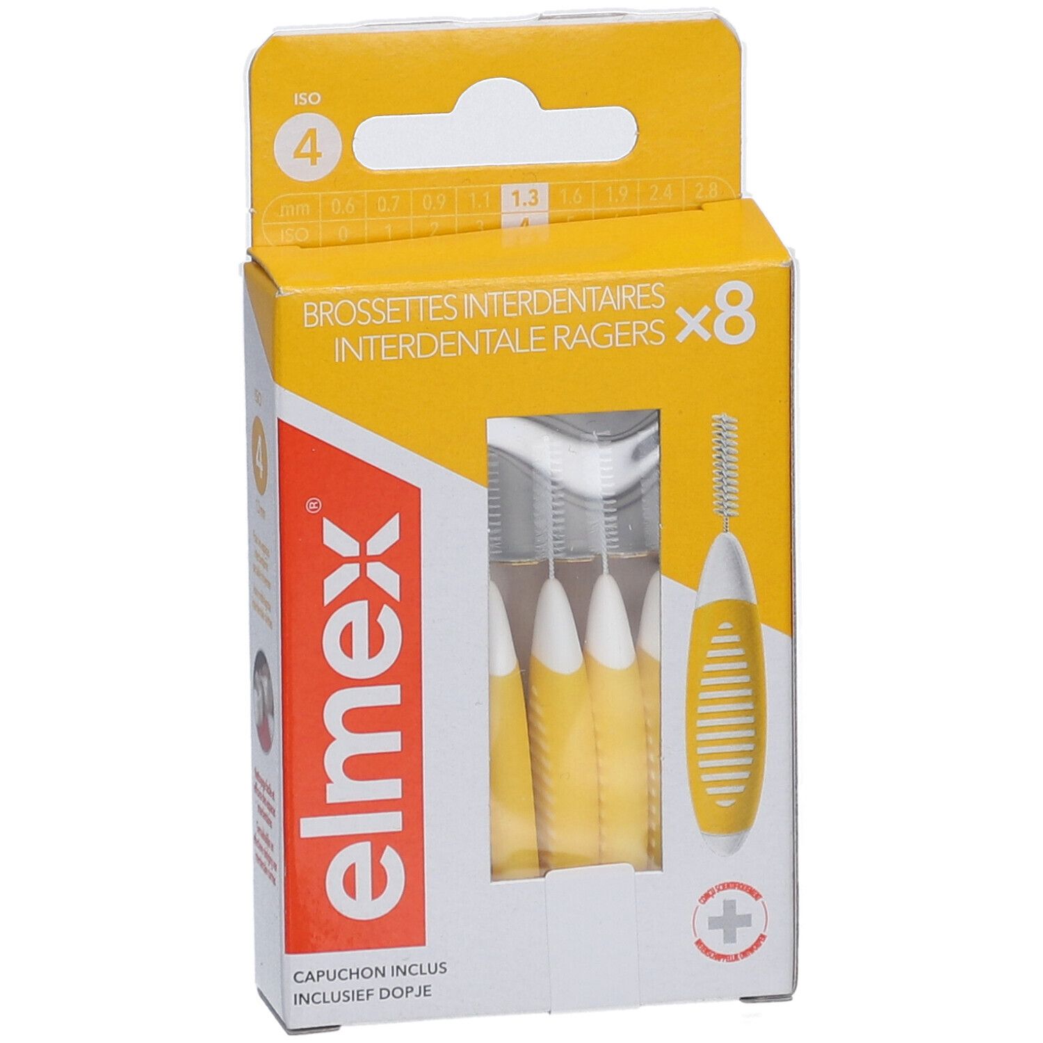 Elmex-Zahnzwischenraumbürsten in gelber Verpackung. Enthält 8 Bürsten und eine Kappe. ISO 4, 1,3 mm.
