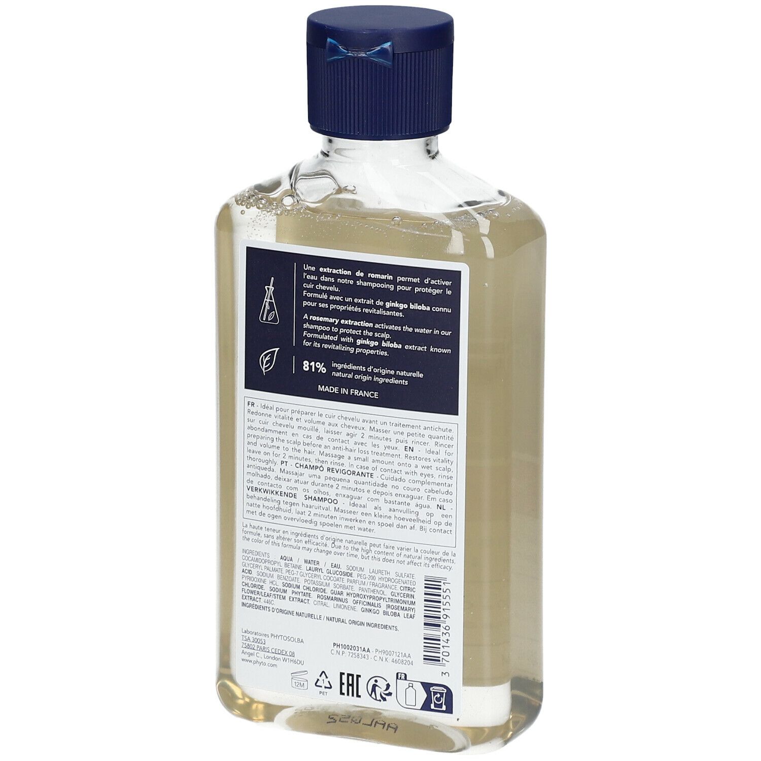 Dos d'un flacon transparent, bouchon bleu. Informations textuelles et logos.