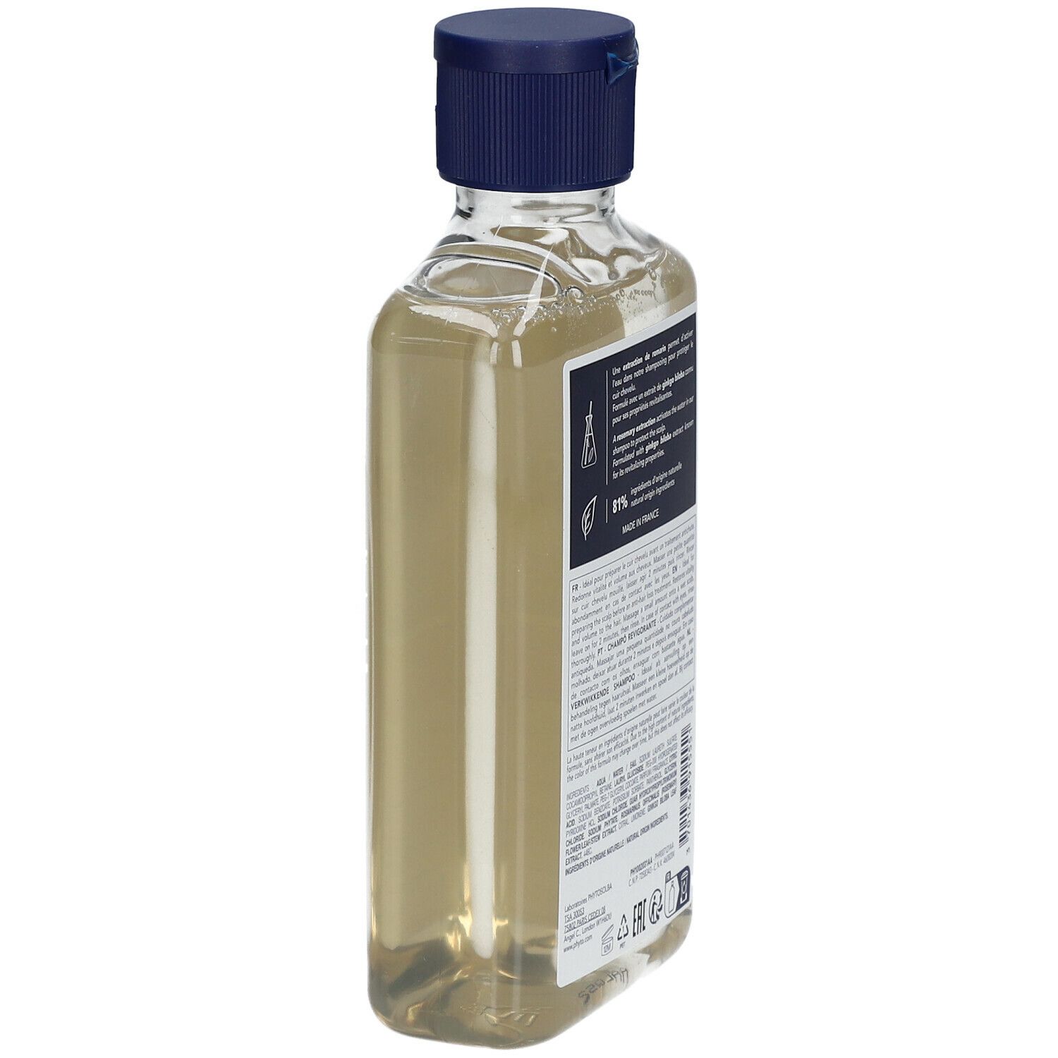 Flacon transparent, bouchon bleu. Informations textuelles au dos.