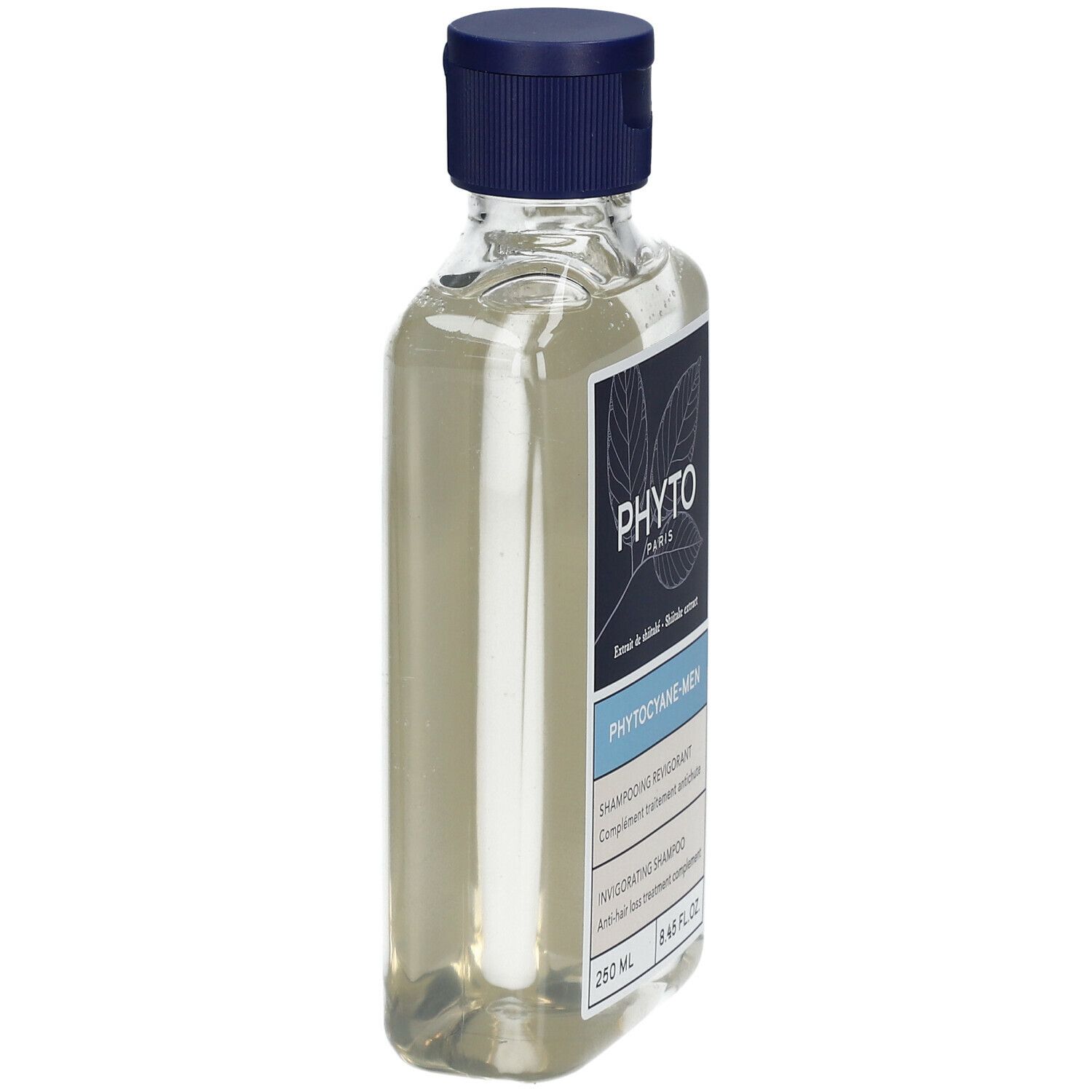 Vue oblique d'un flacon de shampooing avec bouchon bleu. Étiquette avec nom et marque.