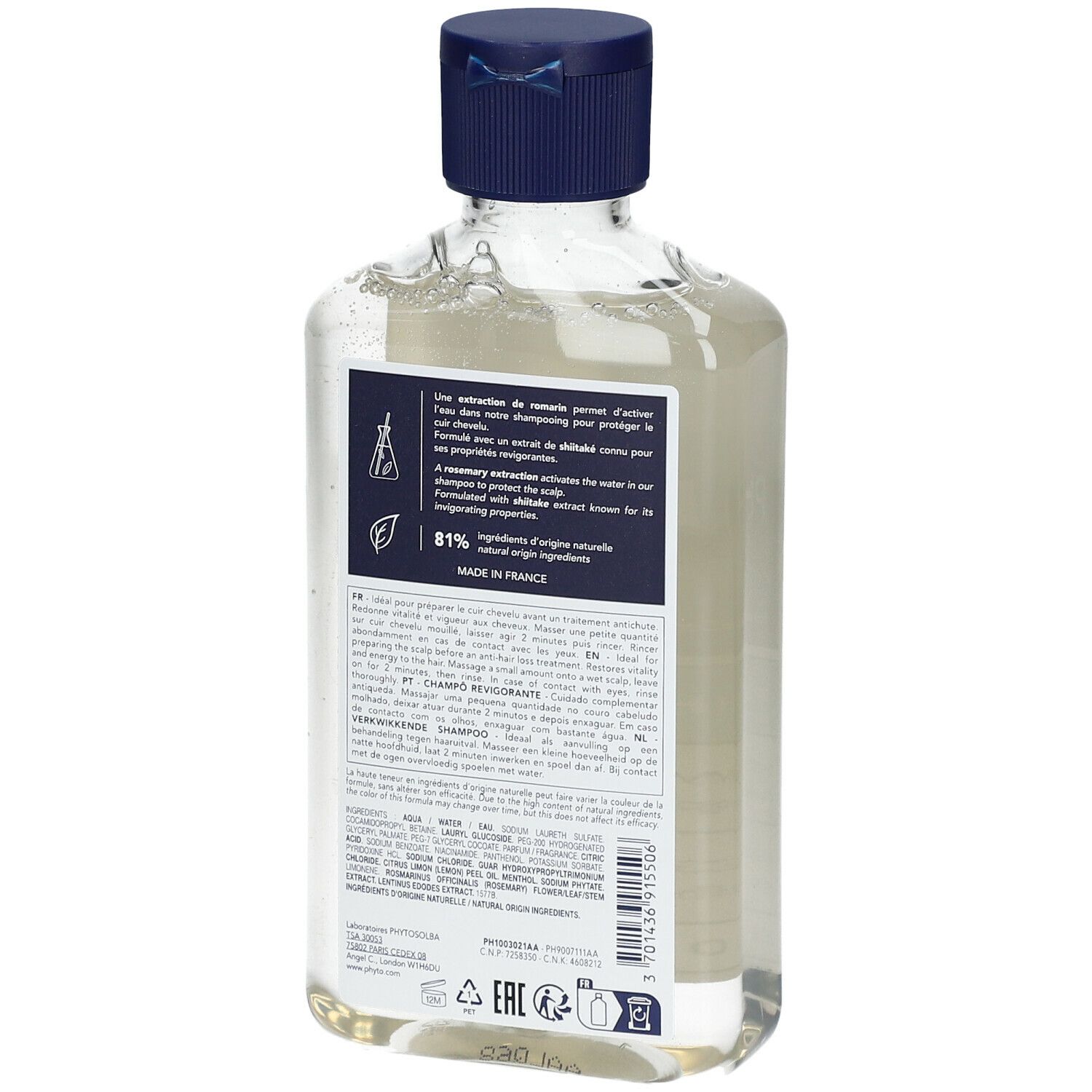 Vue arrière d'un flacon de shampooing avec texte. Contient des informations sur les ingrédients et le fabricant.