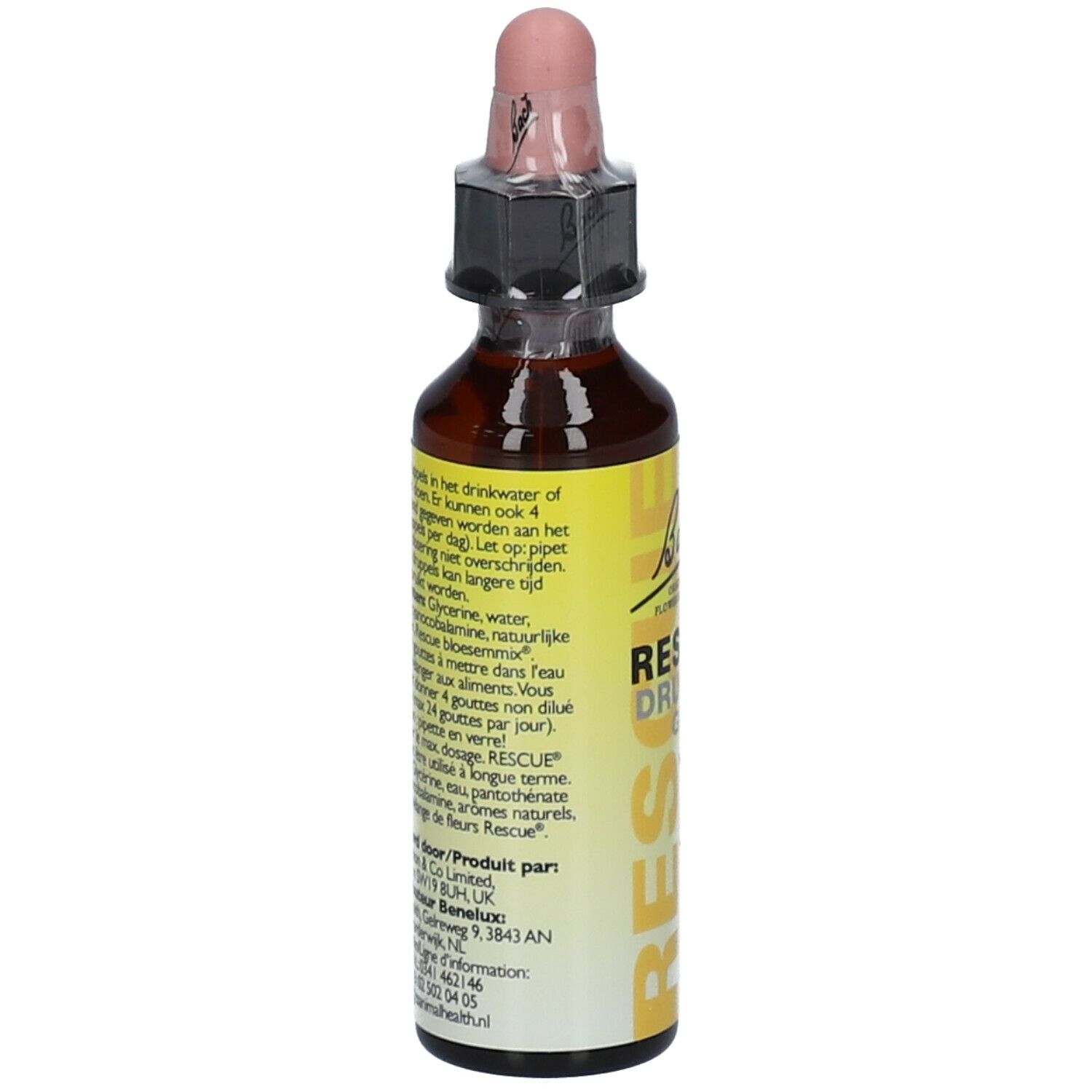 Bruine glazen fles met druppelaar. Opschrift: RESCUE® DRUPPELS GOUTTES. Voor dieren. Alcoholvrij. Tekst op achterkant.