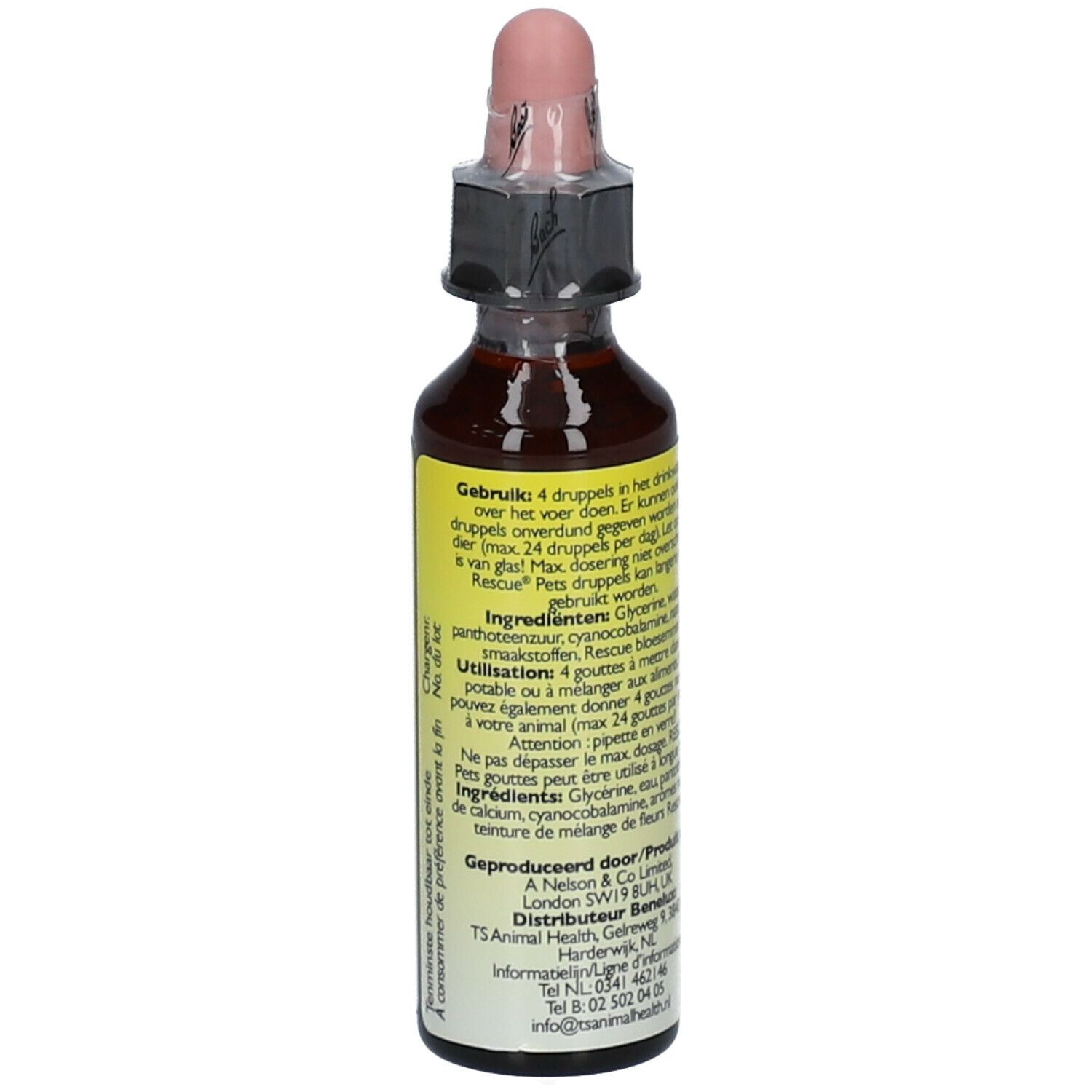 Bruine glazen fles met druppelaar. Opschrift: RESCUE® DRUPPELS GOUTTES. Voor dieren. Tekst op achterkant over ingrediënten en gebruik.