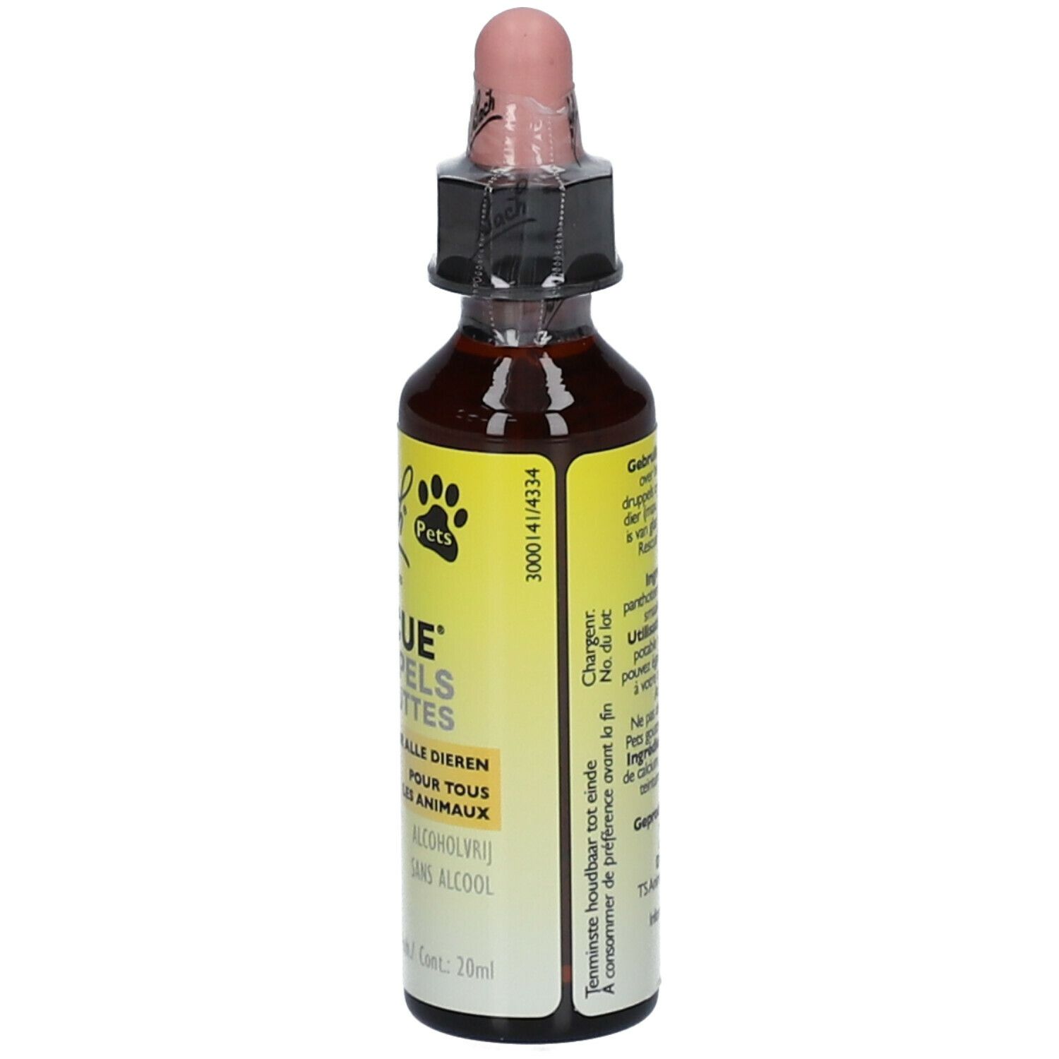 Bruine glazen fles met druppelaar. Opschrift: RESCUE® DRUPPELS GOUTTES. Voor dieren. Alcoholvrij. Tekst op achterkant.