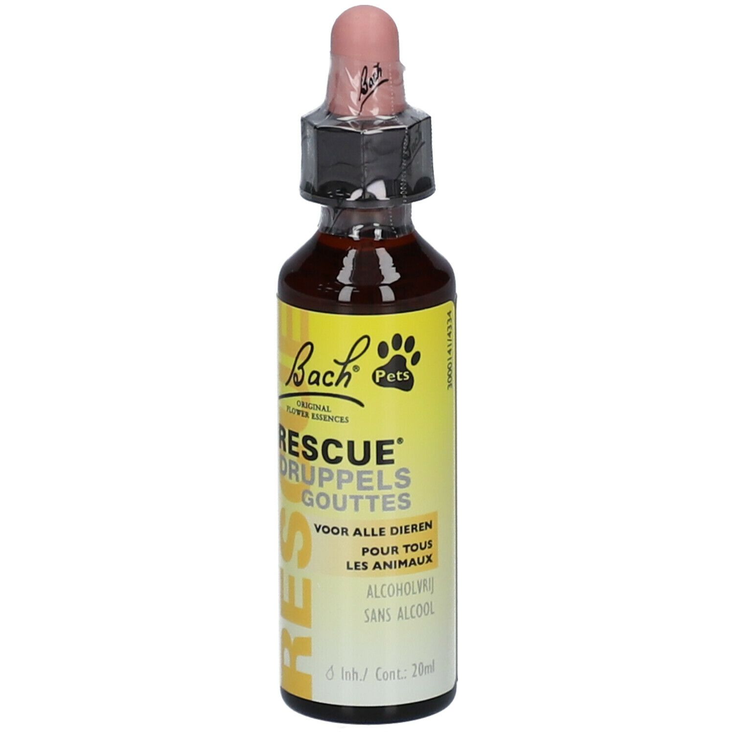 Bruine glazen fles met druppelaar. Opschrift: RESCUE® DRUPPELS GOUTTES. Voor dieren. Alcoholvrij. 20ml.