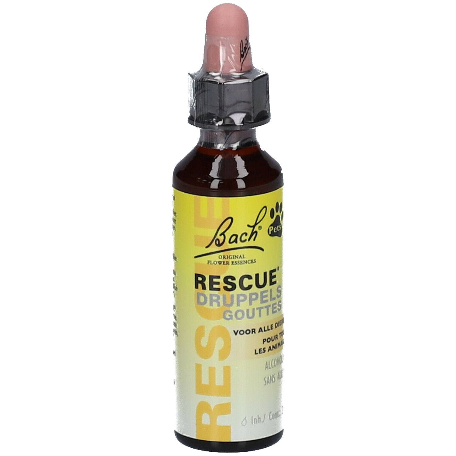 Bruine glazen fles met druppelaar. Opschrift: RESCUE® DRUPPELS GOUTTES. Voor dieren. Alcoholvrij. 20ml.