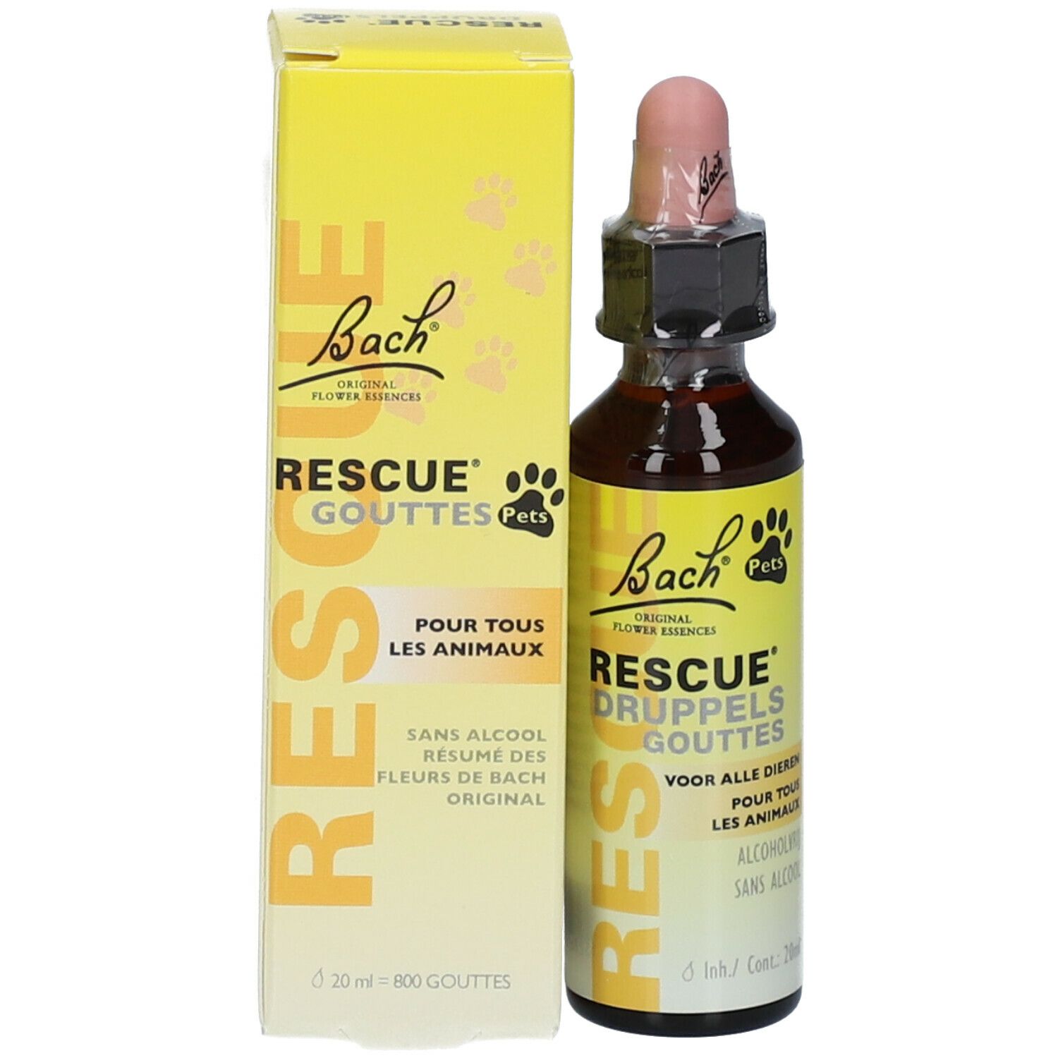 Gele doos en bruine glazen fles met druppelaar. Opschrift: RESCUE® GOUTTES. Voor dieren. Alcoholvrij. 20ml.