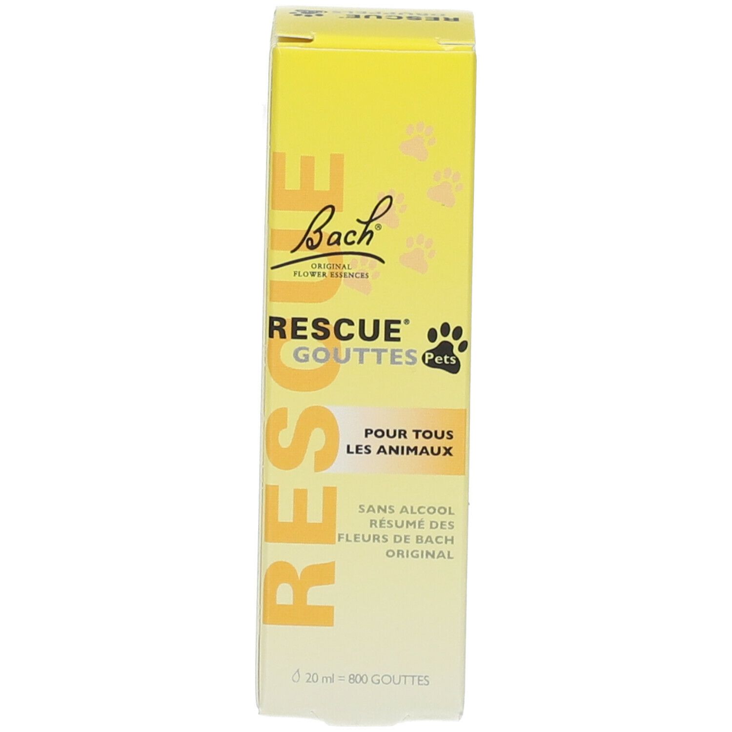 Gele doos. Opschrift: RESCUE® GOUTTES. Voor dieren. Alcoholvrij. 20ml. Met pootafdrukken.