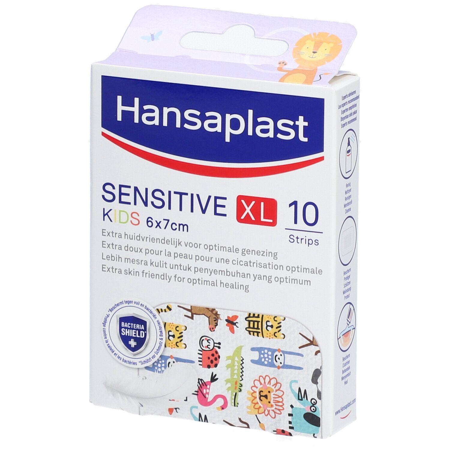 Verpakking Hansaplast Kids Sensitive XL, 6x7cm, 10 pleisters. Met dieren. 'Bacteria Shield' logo.