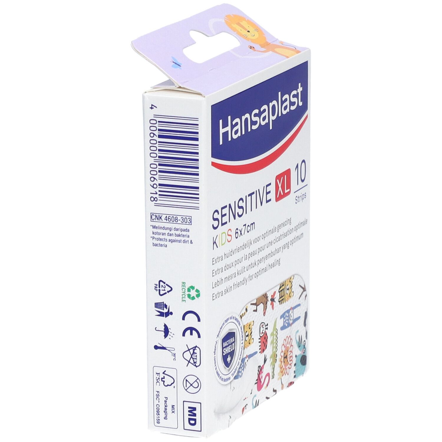 Zijkant verpakking Hansaplast Kids Sensitive XL, 6x7cm. Barcode, recyclingsymbolen, CE-markering.