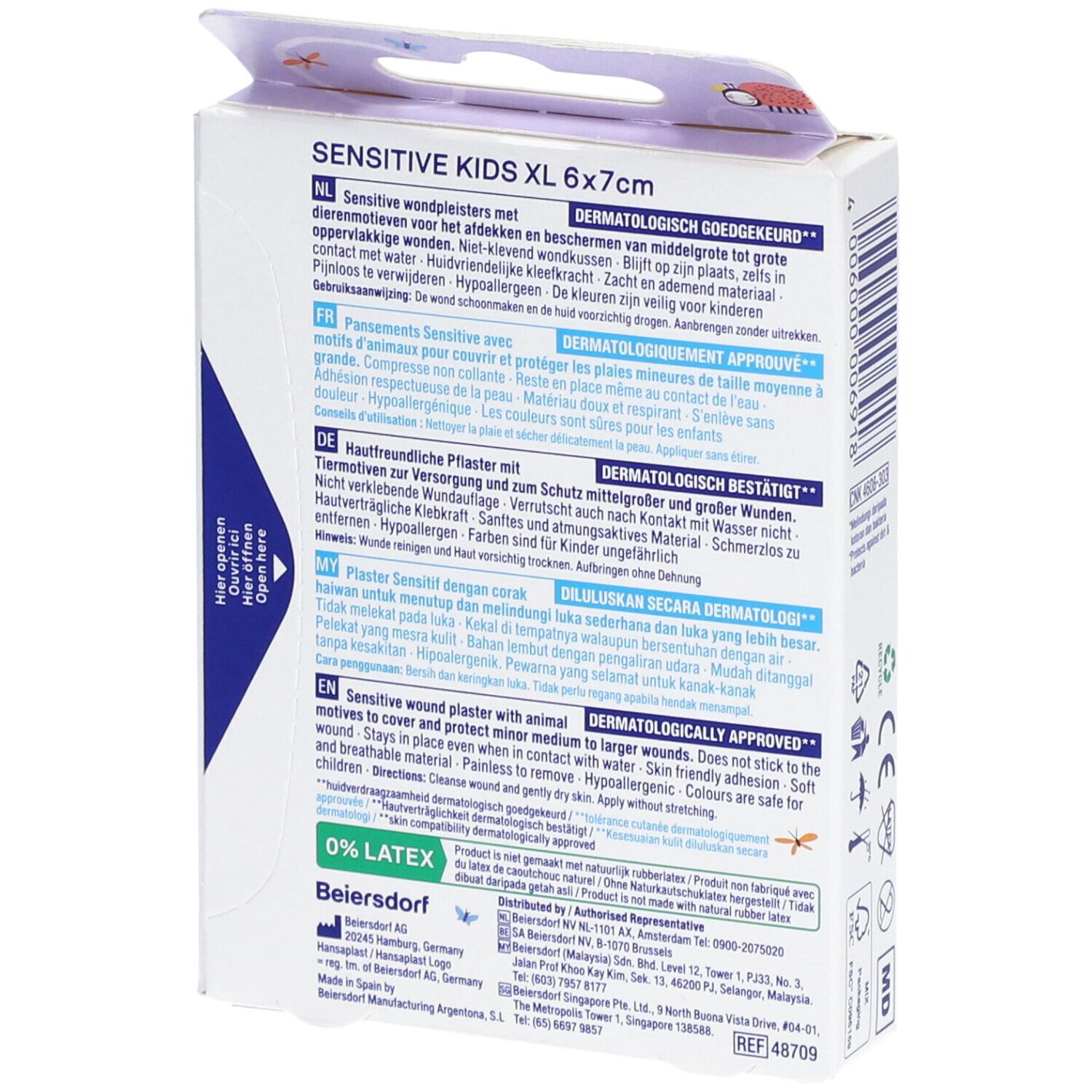 Achterkant verpakking Hansaplast Kids Sensitive XL, 6x7cm. Productinformatie in meerdere talen.