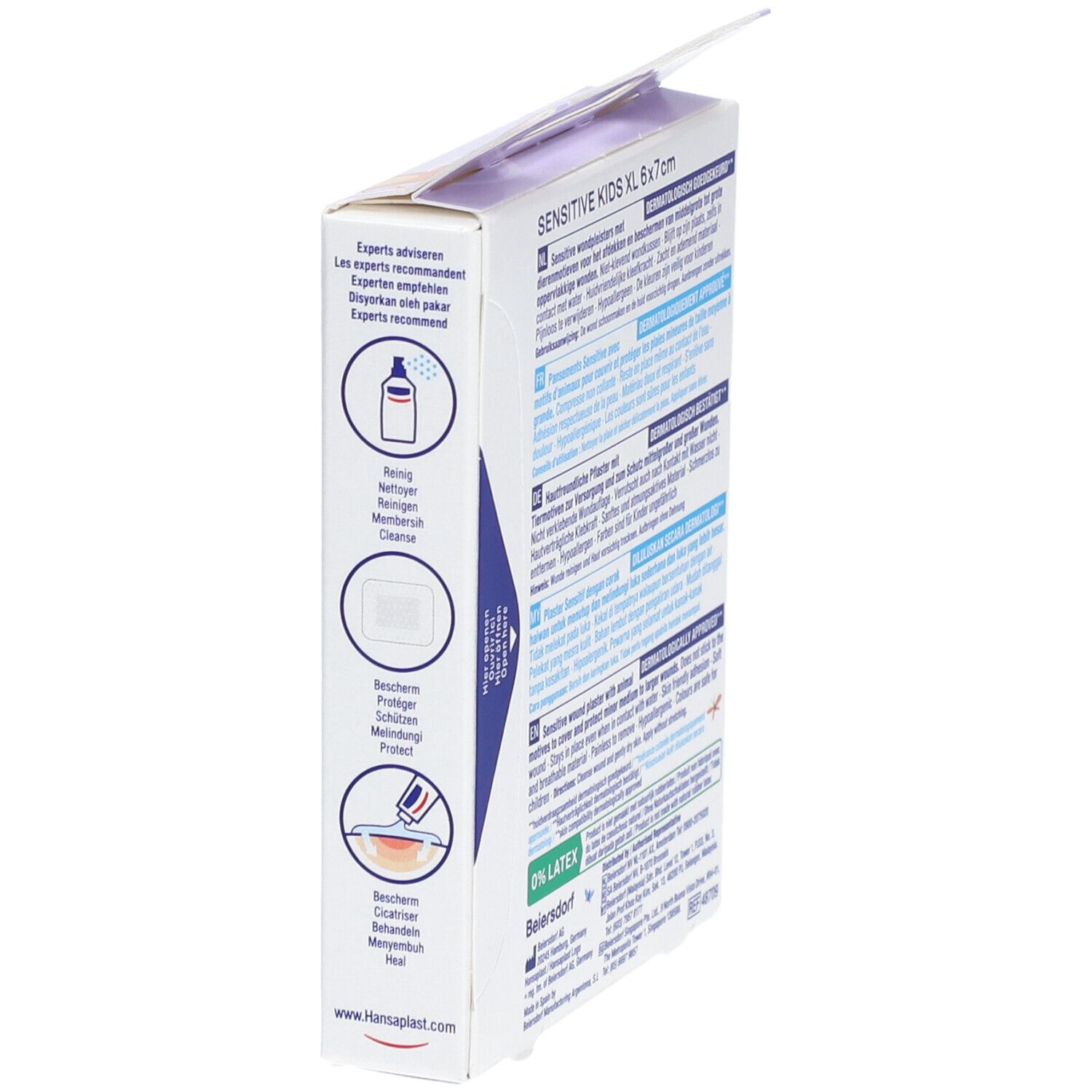 Verpakking Hansaplast Kids Sensitive XL, 6x7cm. Illustraties gebruik. '0% Latex' vermelding.