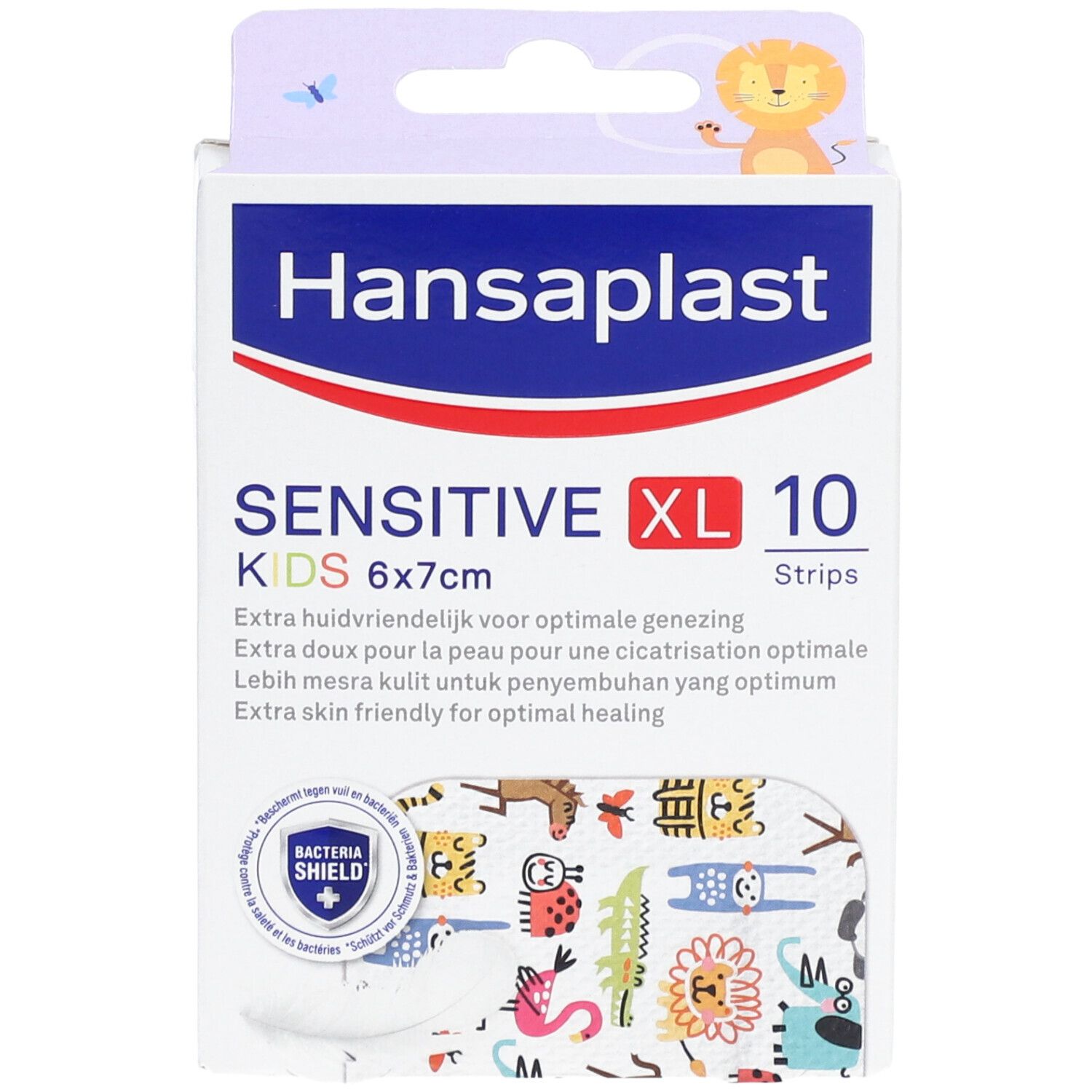 Verpakking Hansaplast Kids Sensitive XL, 6x7cm, 10 pleisters. Met dieren. 'Bacteria Shield' logo.