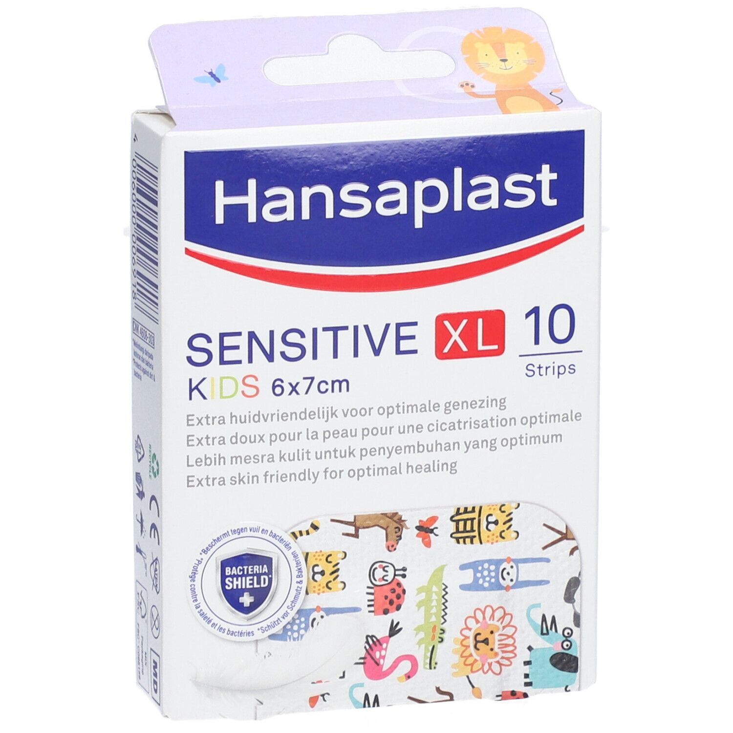 Verpakking Hansaplast Kids Sensitive XL, 6x7cm, 10 pleisters. Met dieren. 'Bacteria Shield' logo.