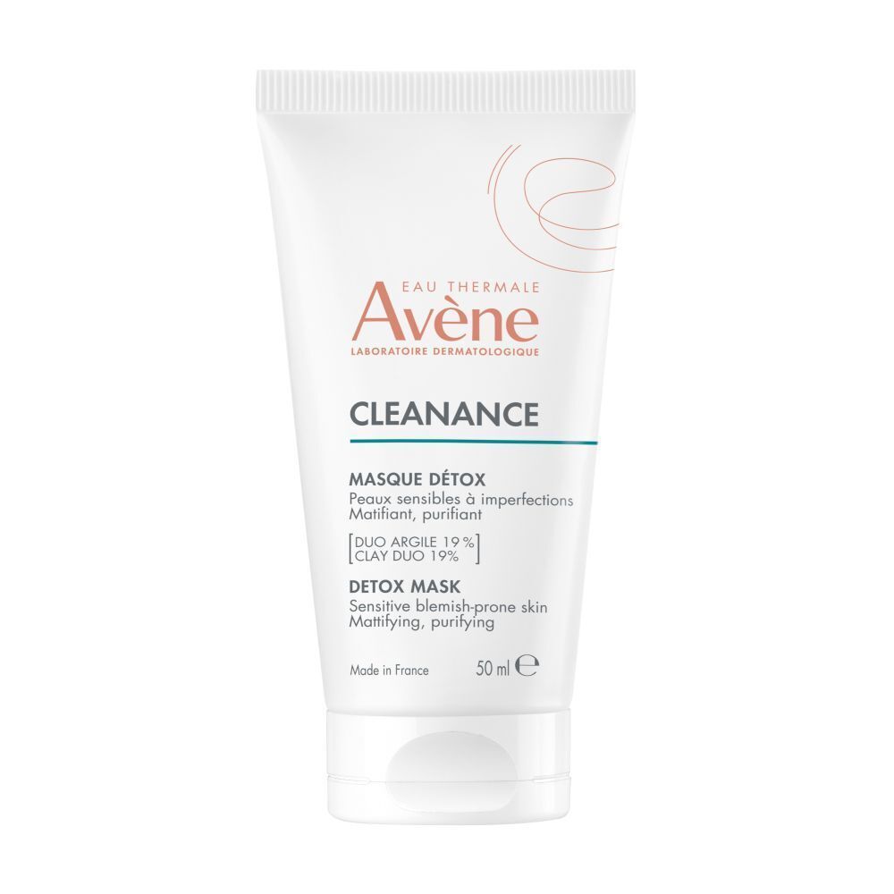 Witte tube AVENE Cleanance. Tekst: Masque Détox, Duo Argile 19%, Detox Mask. 50 ml.