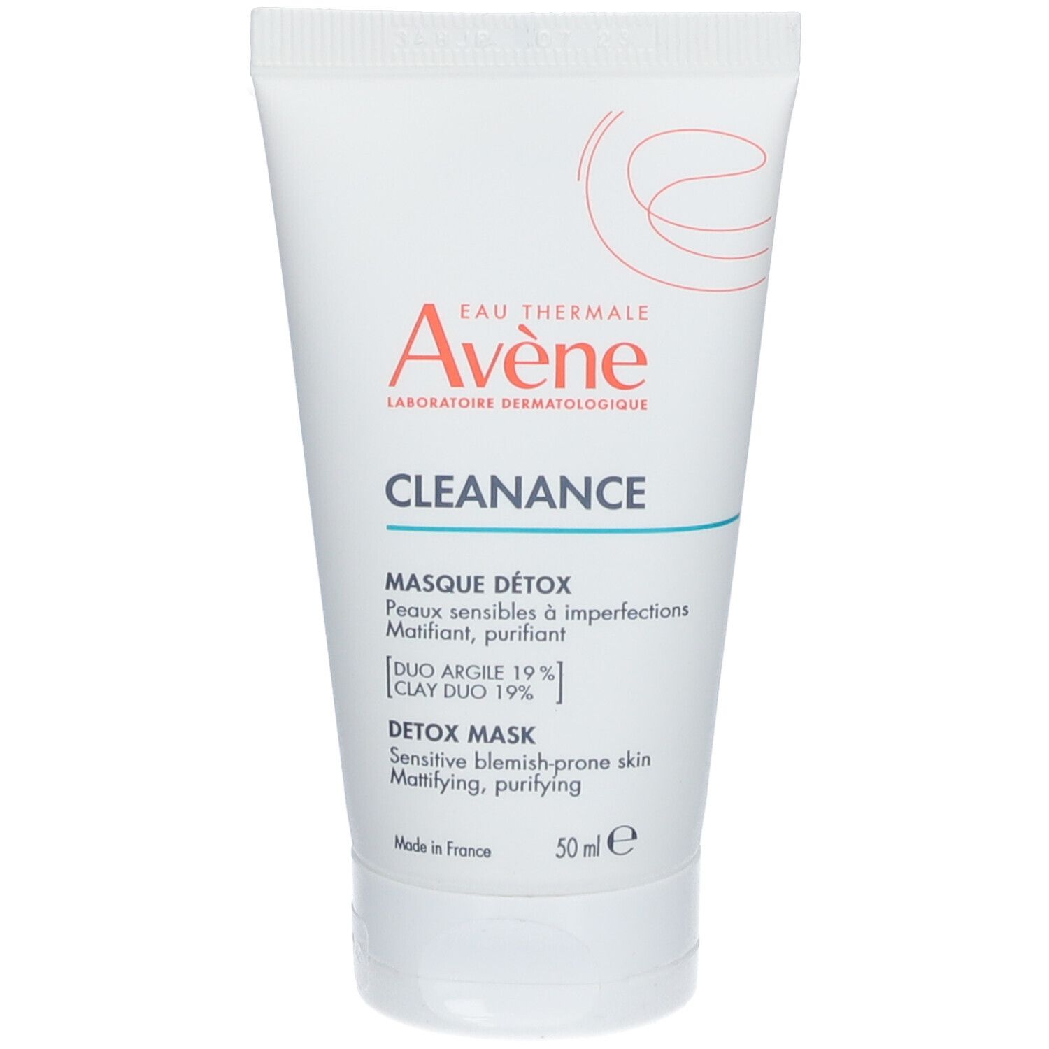Weiße Tube mit AVENE-Logo und CLEANANCE-Maske. Text: Masque Détox, Duo Argile 19%, Detox Mask.